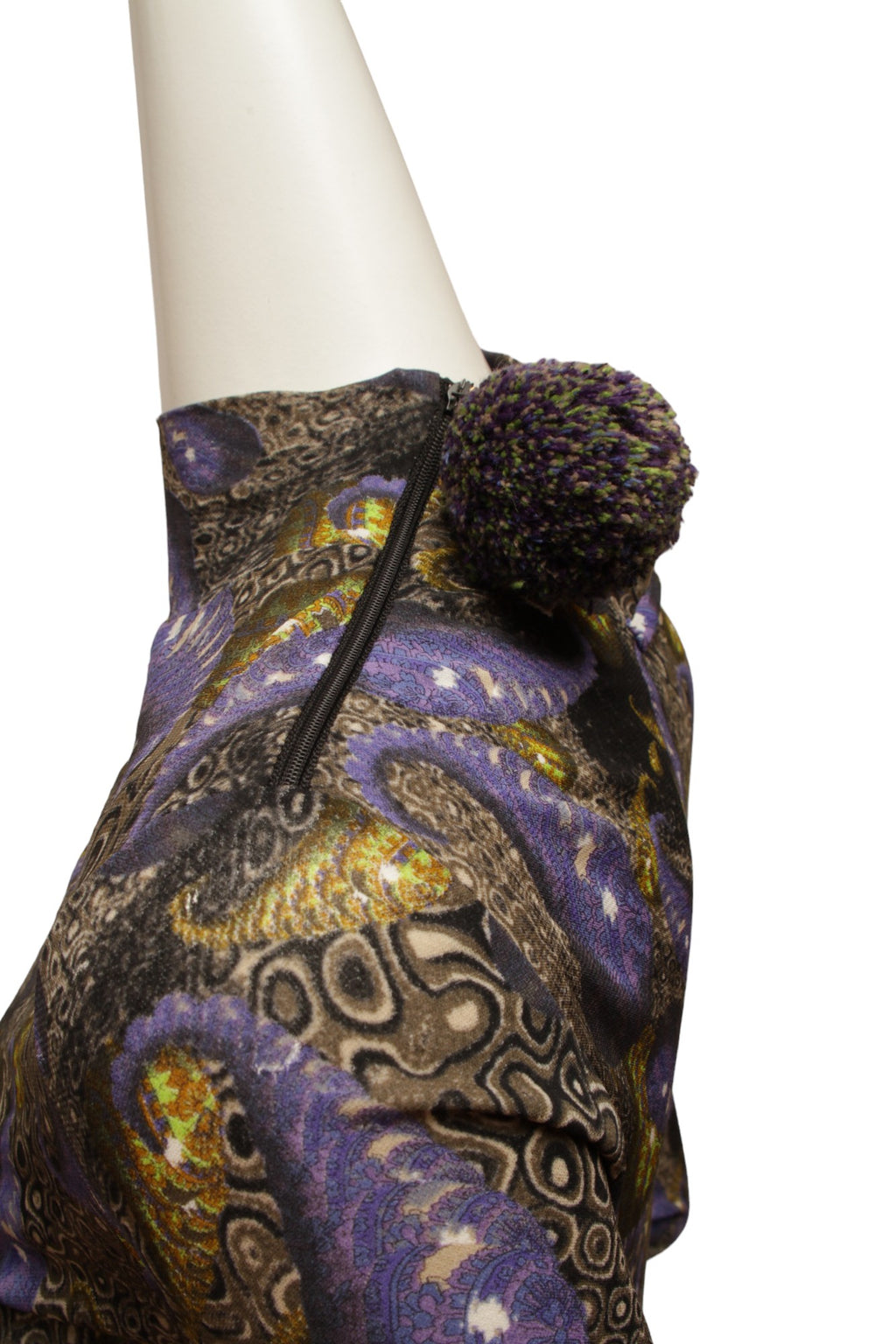 JEAN PAUL GAULTIER, MAILLE, Very RARE, High-Waist Double Slit, Maxi-Length Dress with repeating Psychedelic pattern, zipper at shoulder and yarn pom pom embellishment