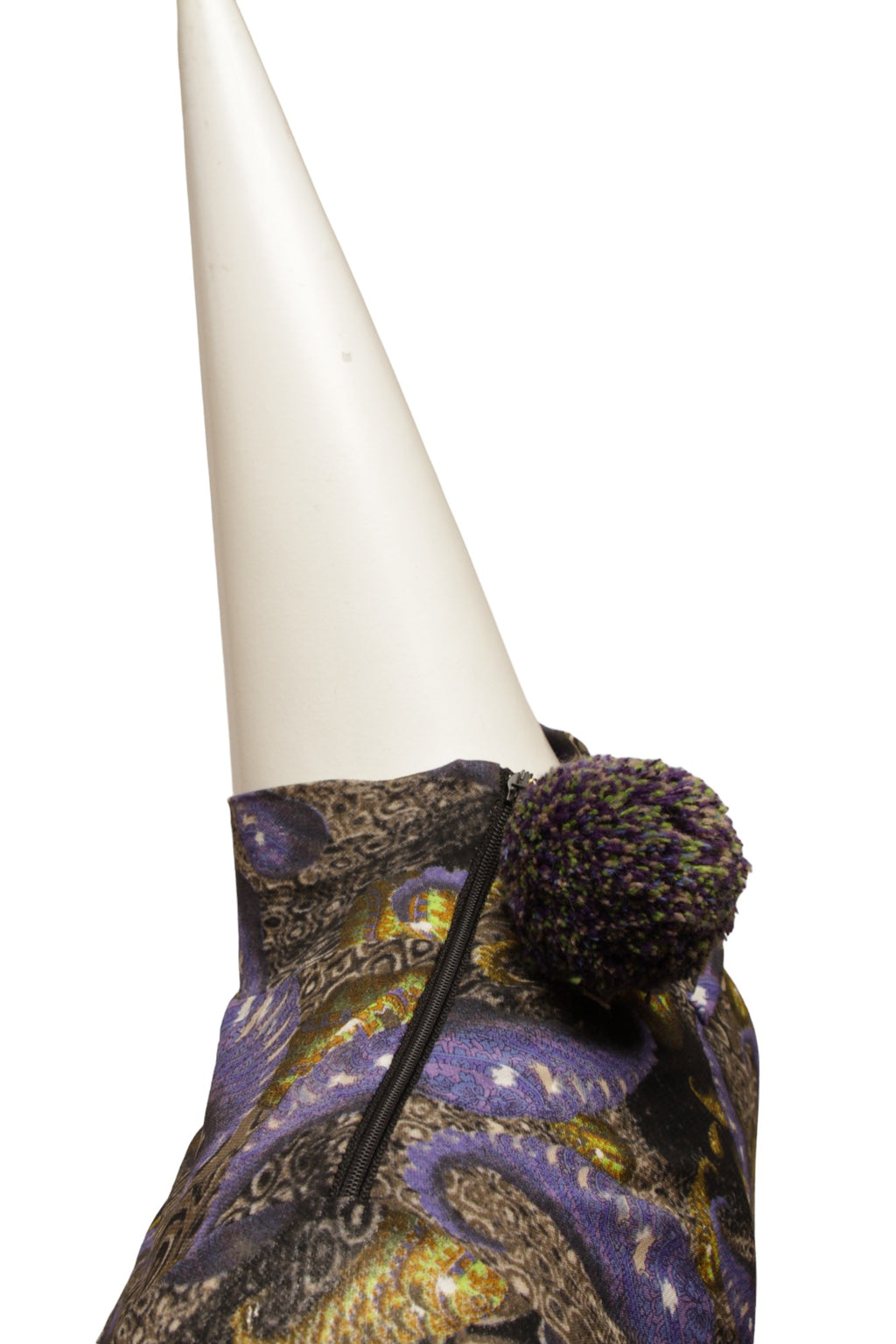 JEAN PAUL GAULTIER, MAILLE, Very RARE, High-Waist Double Slit, Maxi-Length Dress with repeating Psychedelic pattern, zipper at shoulder and yarn pom pom embellishment