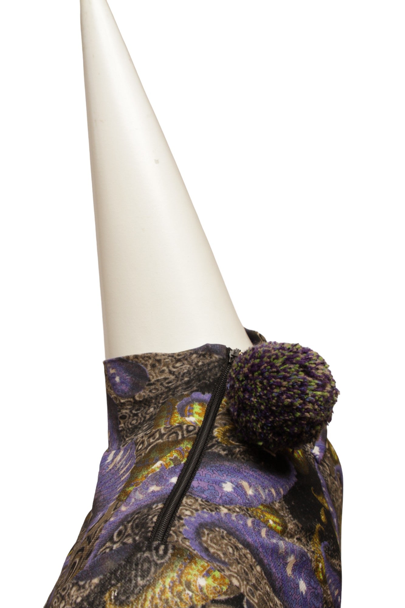JEAN PAUL GAULTIER, MAILLE, Very RARE, High-Waist Double Slit, Maxi-Length Dress with repeating Psychedelic pattern, zipper at shoulder and yarn pom pom embellishment