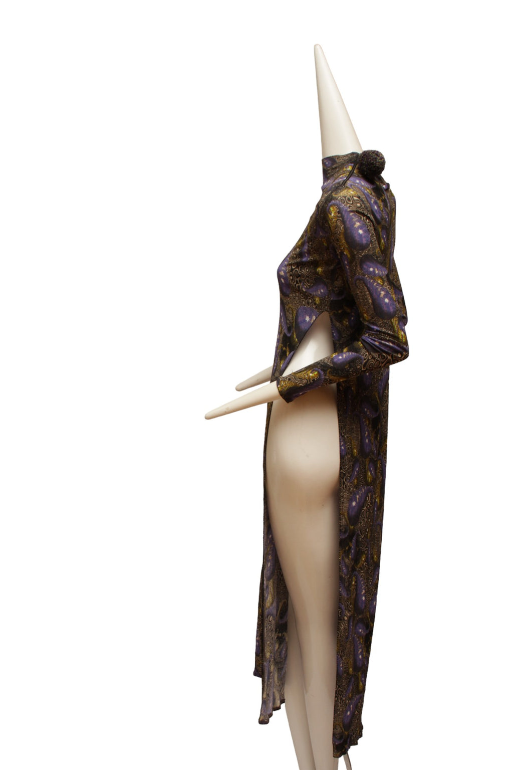 JEAN PAUL GAULTIER, MAILLE, Very RARE, High-Waist Double Slit, Maxi-Length Dress with repeating Psychedelic pattern, zipper at shoulder and yarn pom pom embellishment