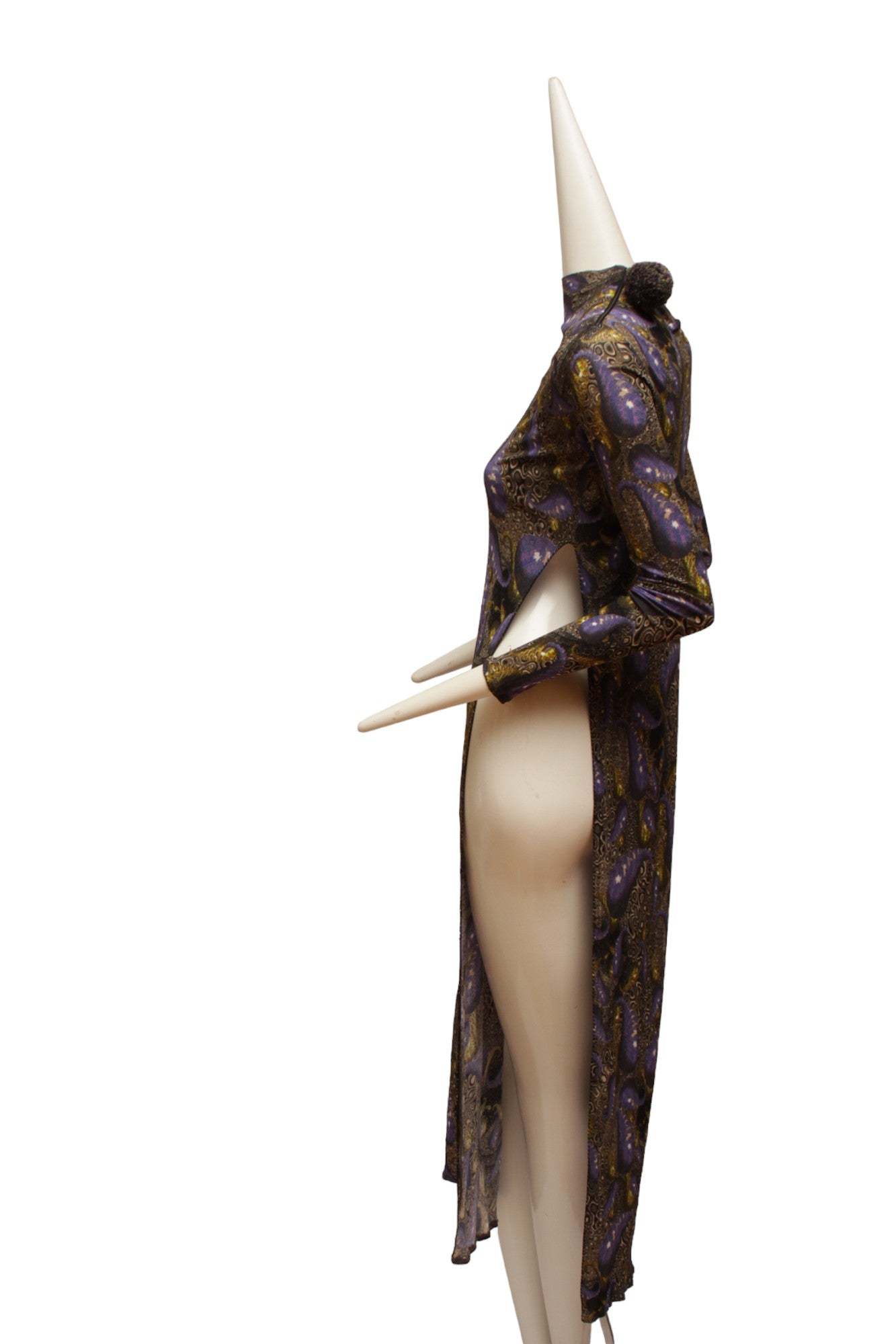 JEAN PAUL GAULTIER, MAILLE, Very RARE, High-Waist Double Slit, Maxi-Length Dress with repeating Psychedelic pattern, zipper at shoulder and yarn pom pom embellishment