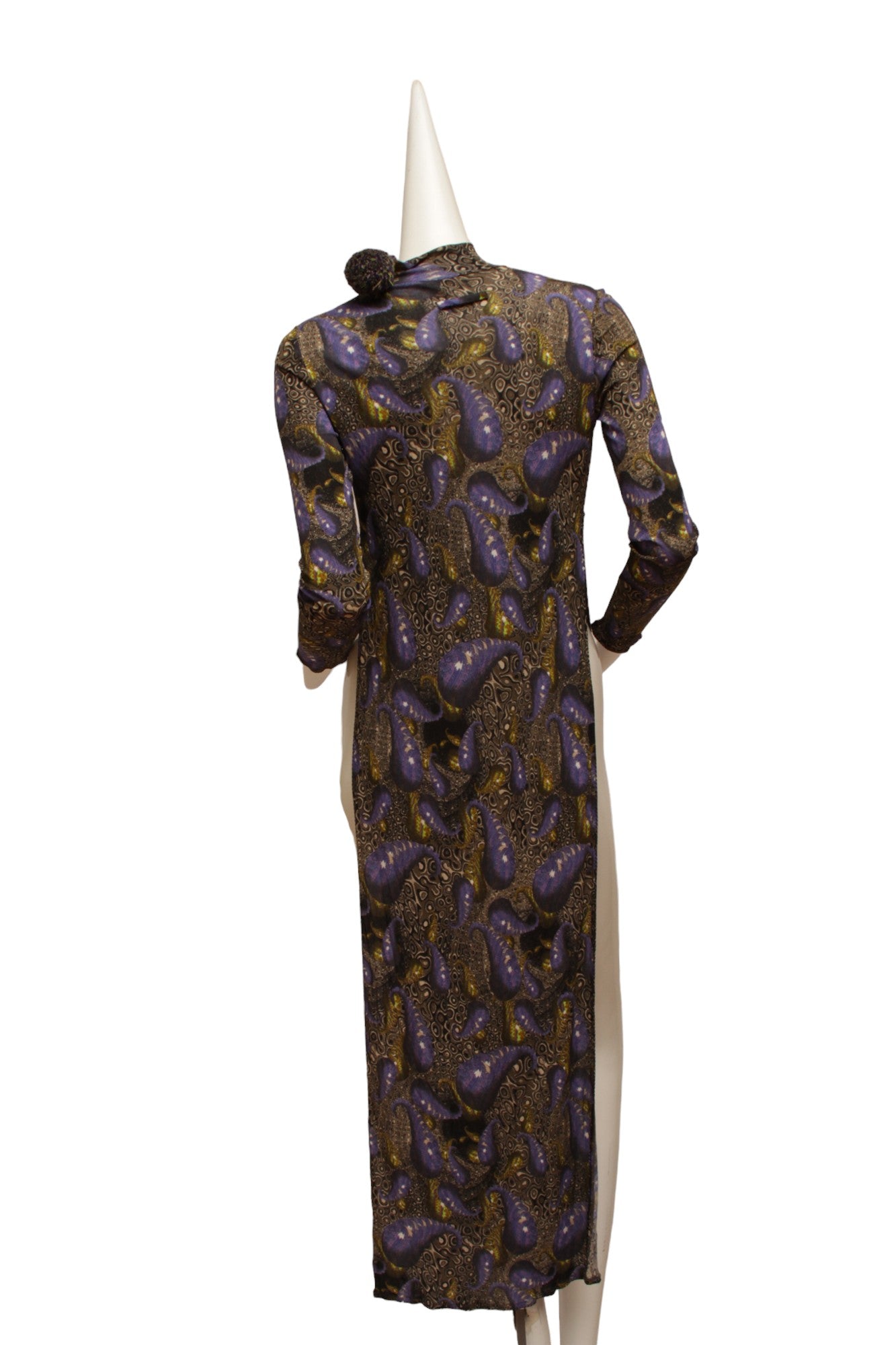 JEAN PAUL GAULTIER, MAILLE, Very RARE, High-Waist Double Slit, Maxi-Length Dress with repeating Psychedelic pattern, zipper at shoulder and yarn pom pom embellishment