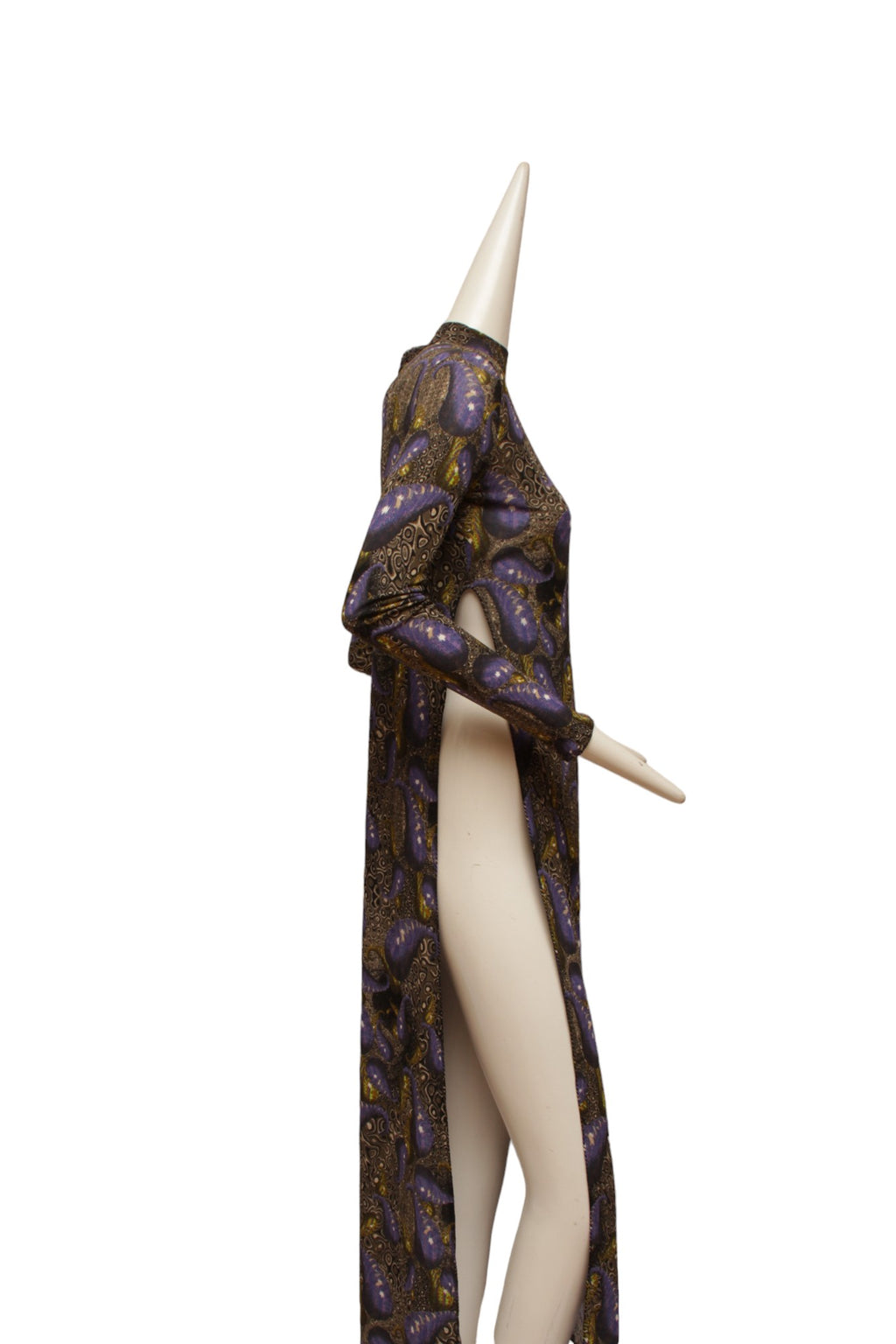 JEAN PAUL GAULTIER, MAILLE, Very RARE, High-Waist Double Slit, Maxi-Length Dress with repeating Psychedelic pattern, zipper at shoulder and yarn pom pom embellishment