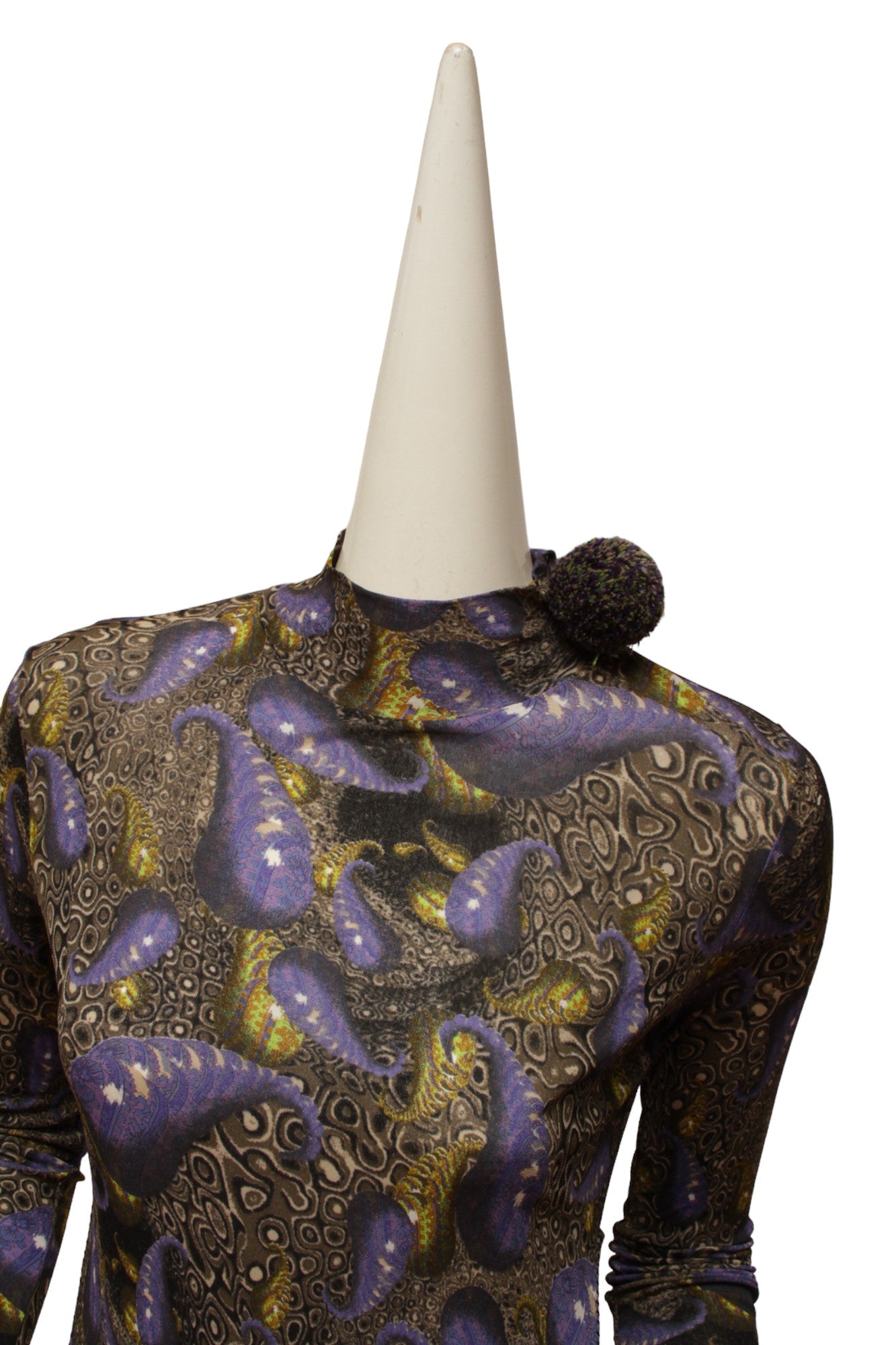 JEAN PAUL GAULTIER, MAILLE, Very RARE, High-Waist Double Slit, Maxi-Length Dress with repeating Psychedelic pattern, zipper at shoulder and yarn pom pom embellishment