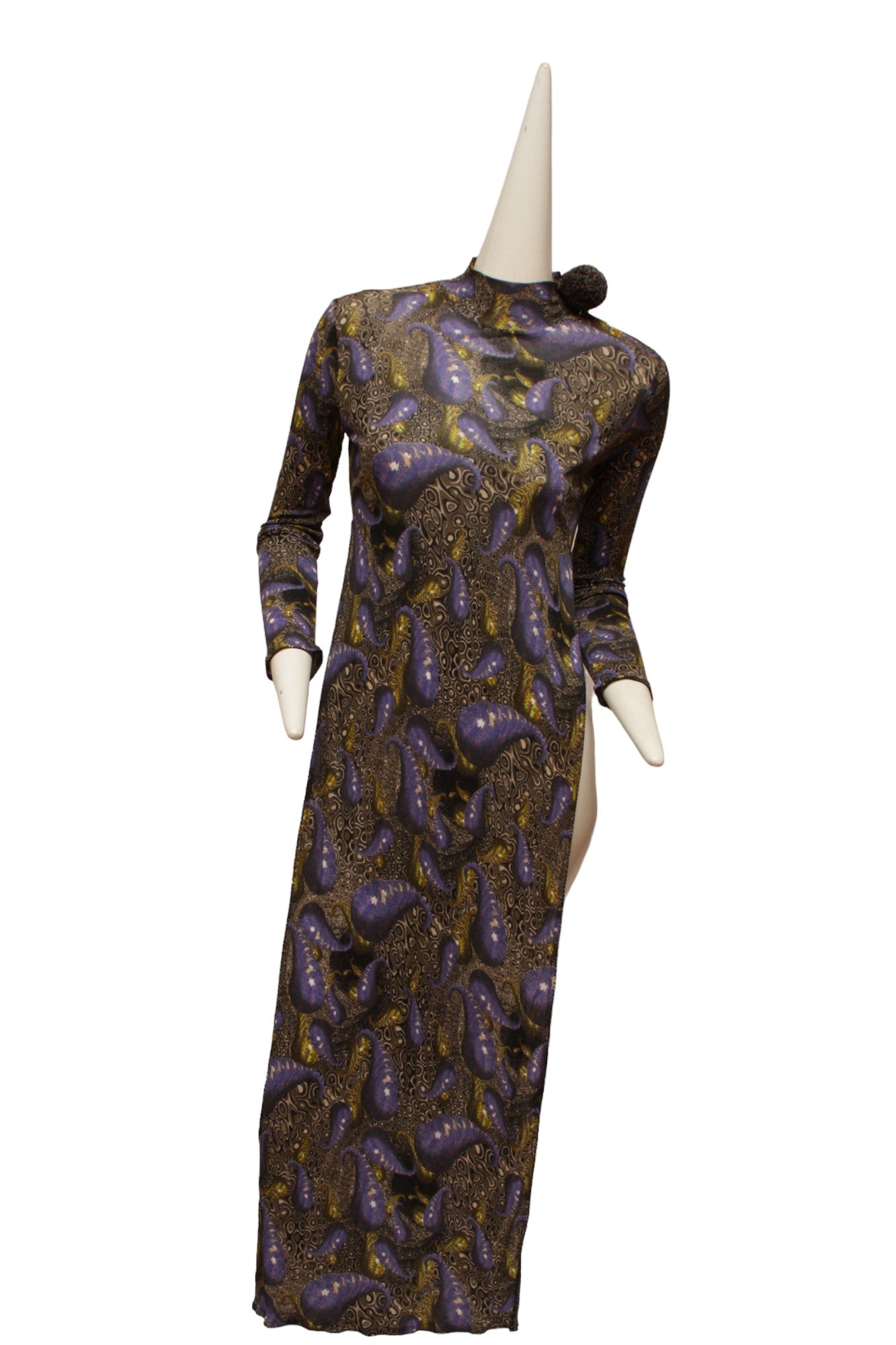 JEAN PAUL GAULTIER, MAILLE, Very RARE, High-Waist Double Slit, Maxi-Length Dress with repeating Psychedelic pattern, zipper at shoulder and yarn pom pom embellishment