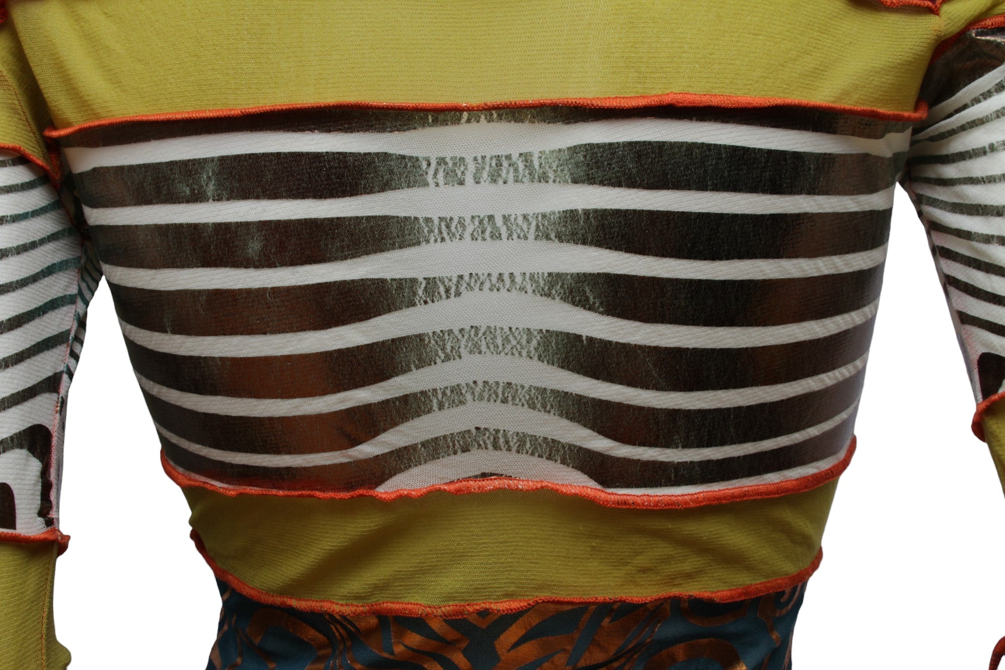 JEAN PAUL GAULTIER, Maille, 1996 CYBERBABA, long sleeve aboriginal print with metallic gold hem and cuffs