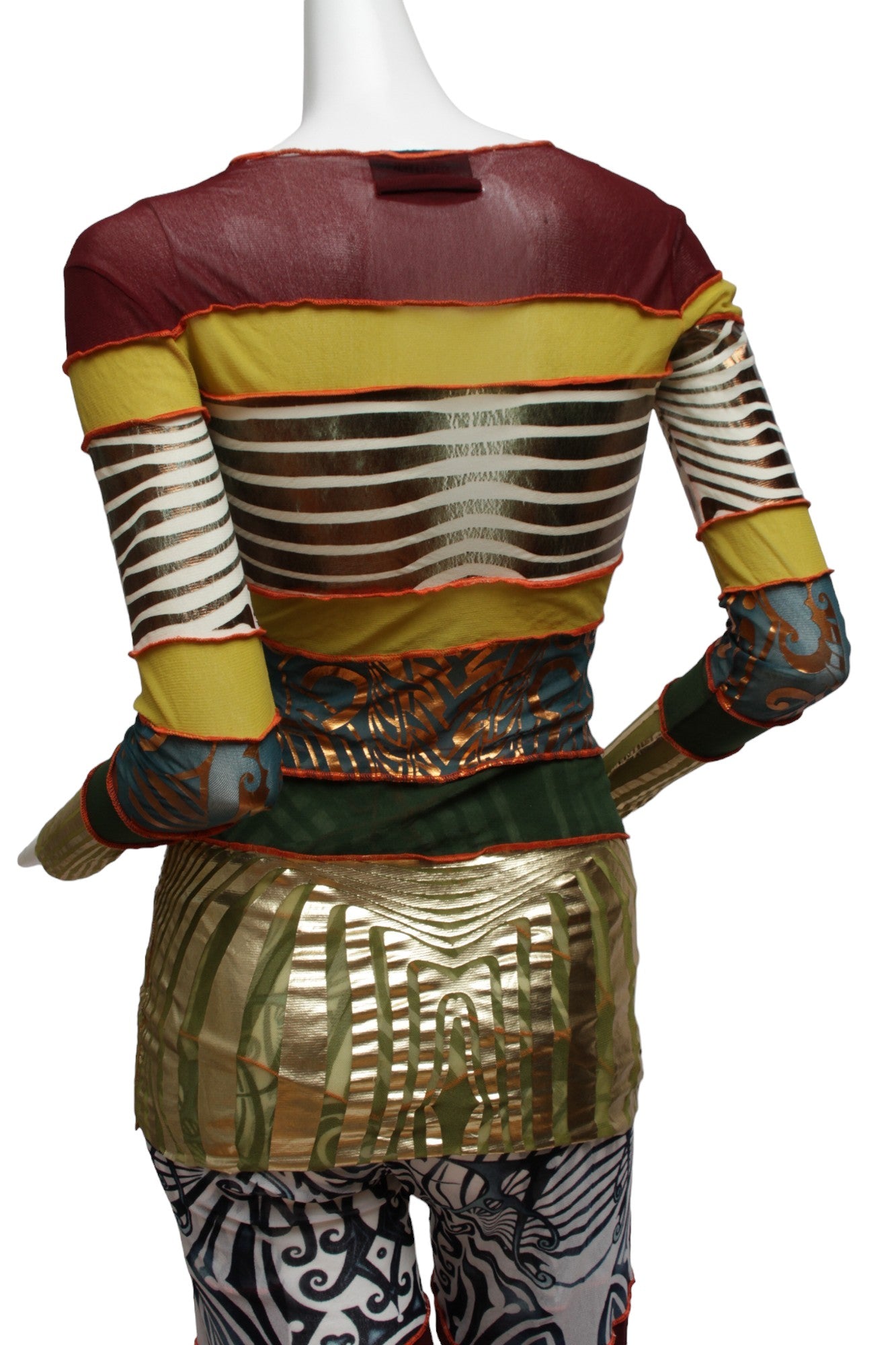 JEAN PAUL GAULTIER, Maille, 1996 CYBERBABA, long sleeve aboriginal print with metallic gold hem and cuffs