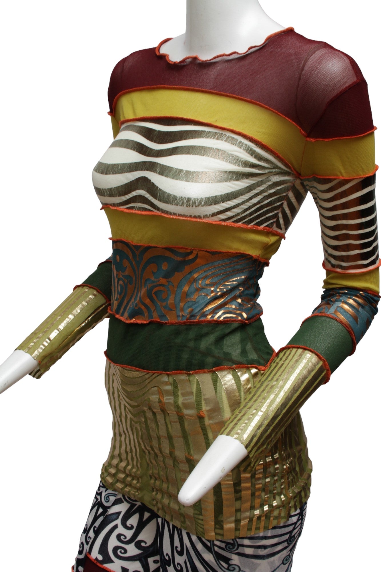 JEAN PAUL GAULTIER, Maille, 1996 CYBERBABA, long sleeve aboriginal print with metallic gold hem and cuffs