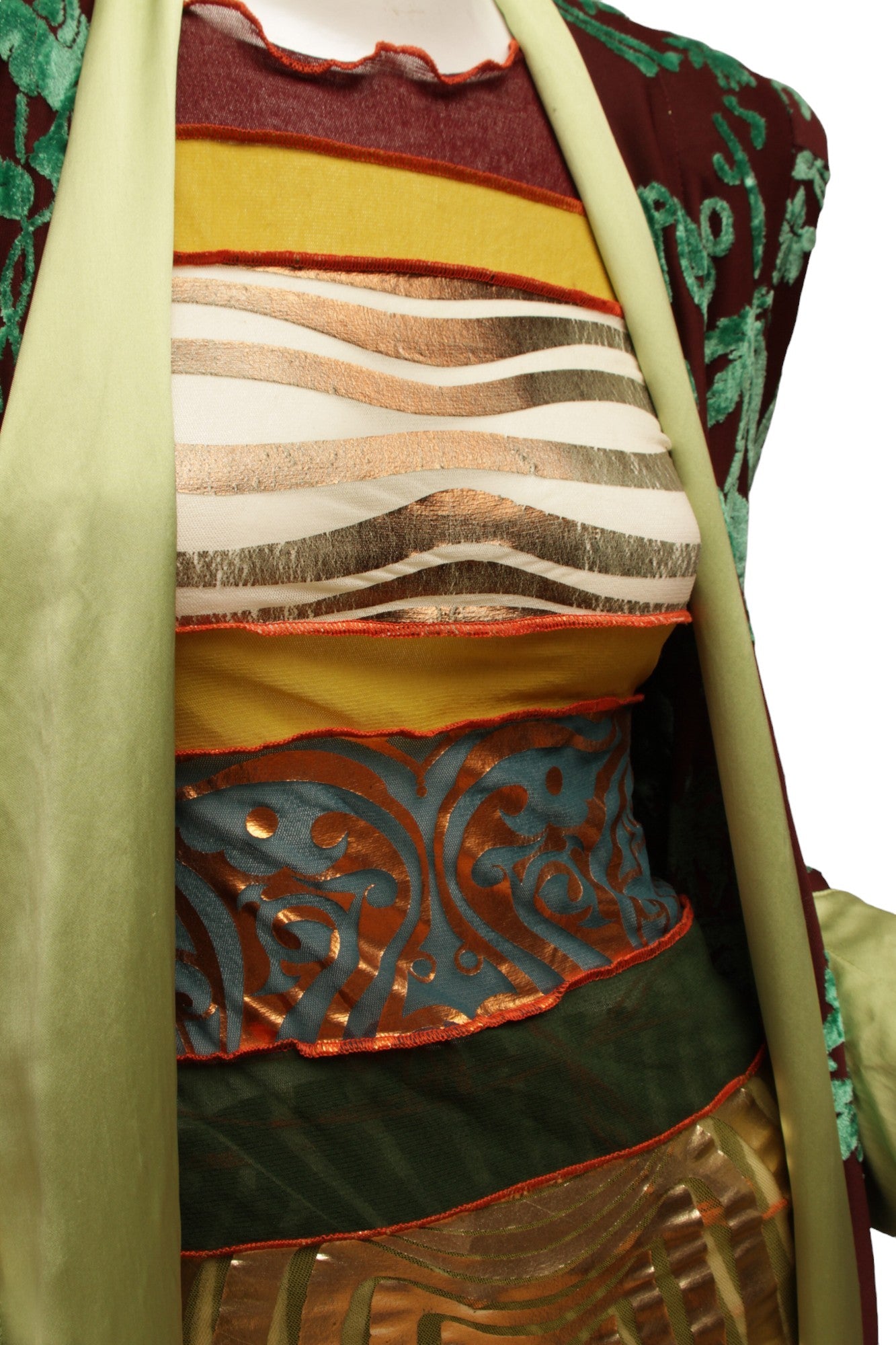JEAN PAUL GAULTIER, Maille, 1996 CYBERBABA, long sleeve aboriginal print with metallic gold hem and cuffs