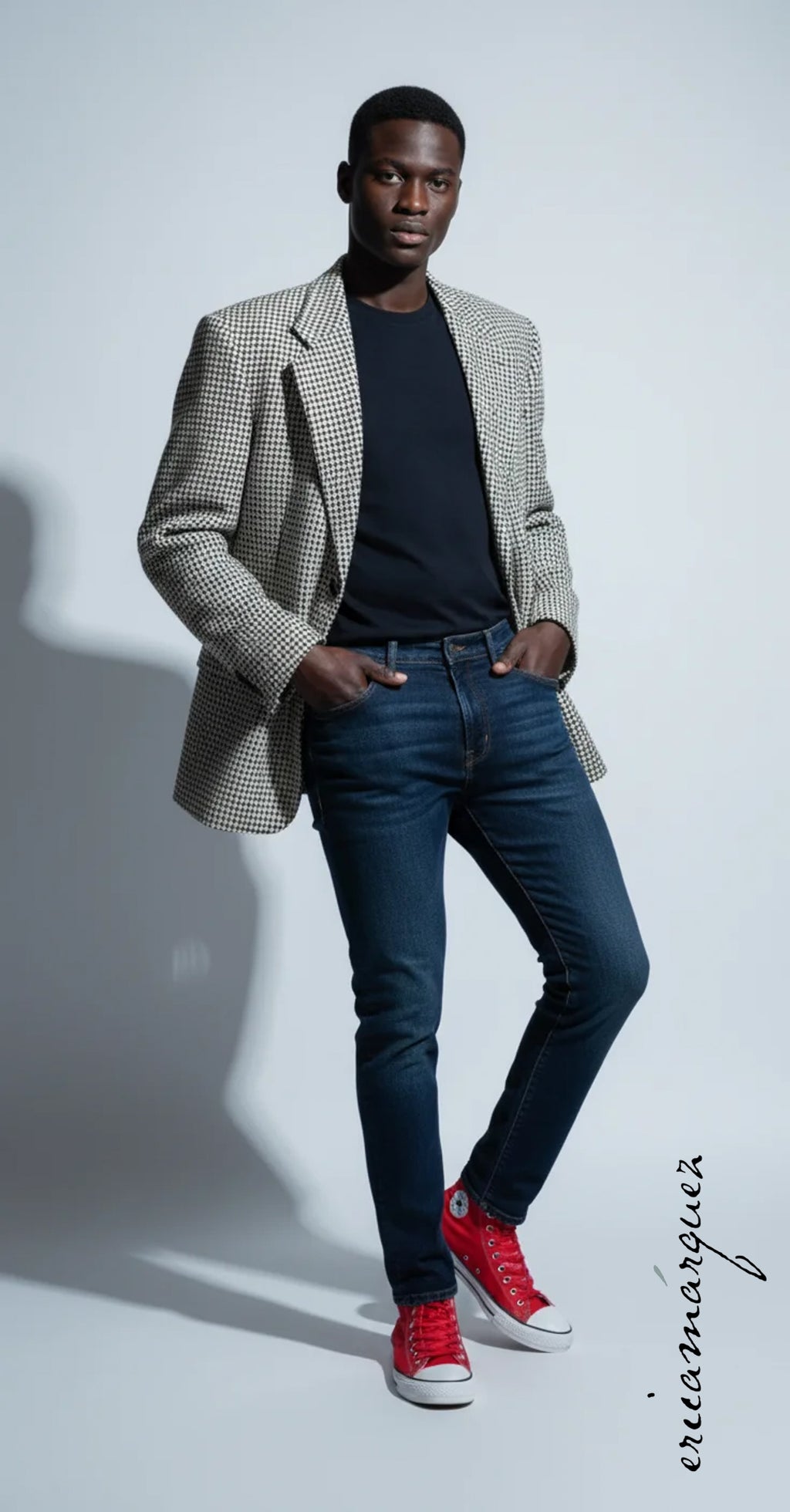 KENZO, Made In France, Black and White Cross-Weave Pattern, Three-Button, Wool Blazer