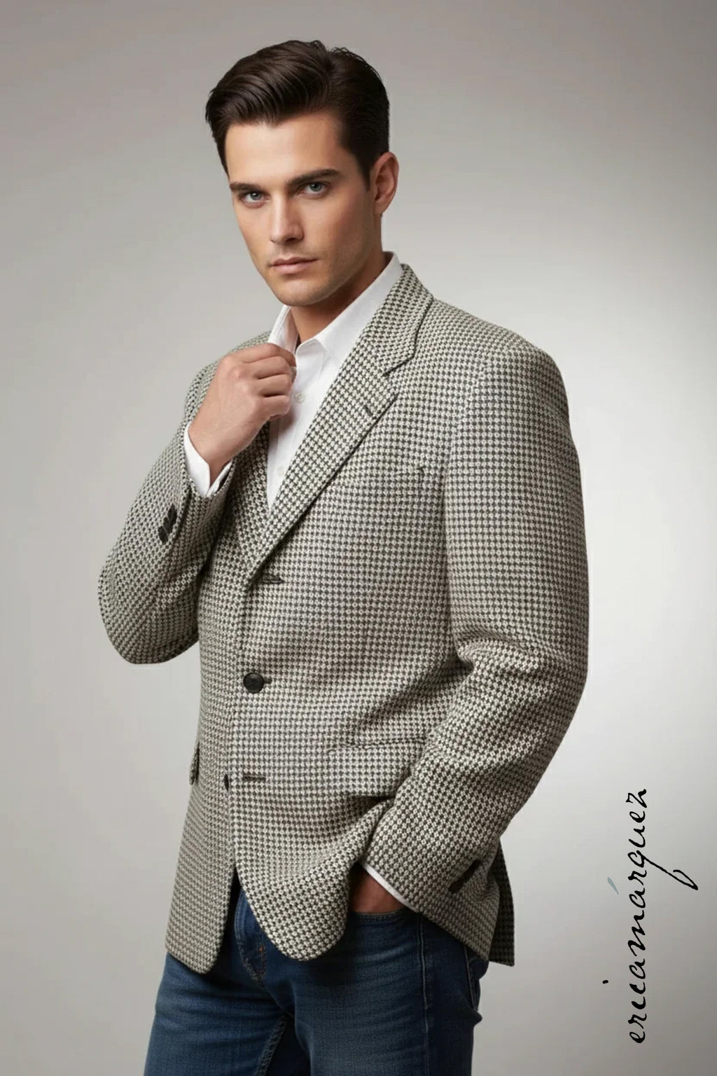 KENZO, Made In France, Black and White Cross-Weave Pattern, Three-Button, Wool Blazer