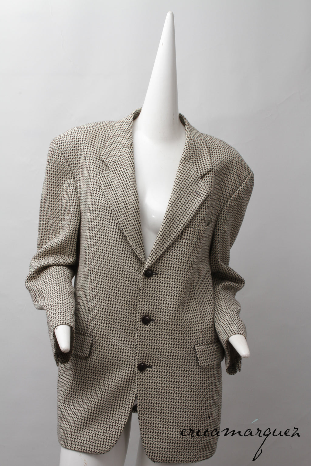KENZO, Made In France, Black and White Cross-Weave Pattern, Three-Button, Wool Blazer