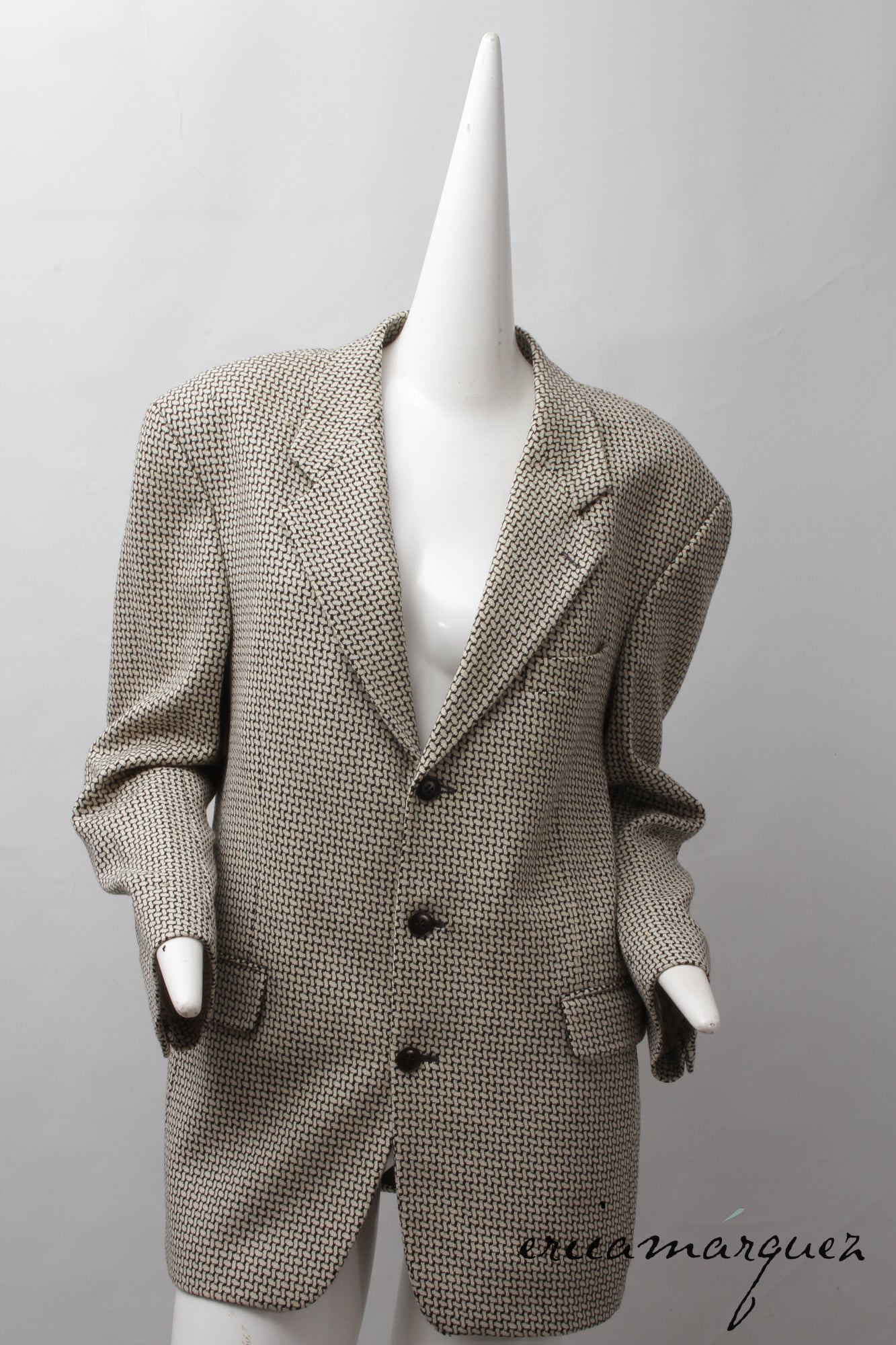 KENZO, Made In France, Black and White Cross-Weave Pattern, Three-Button, Wool Blazer
