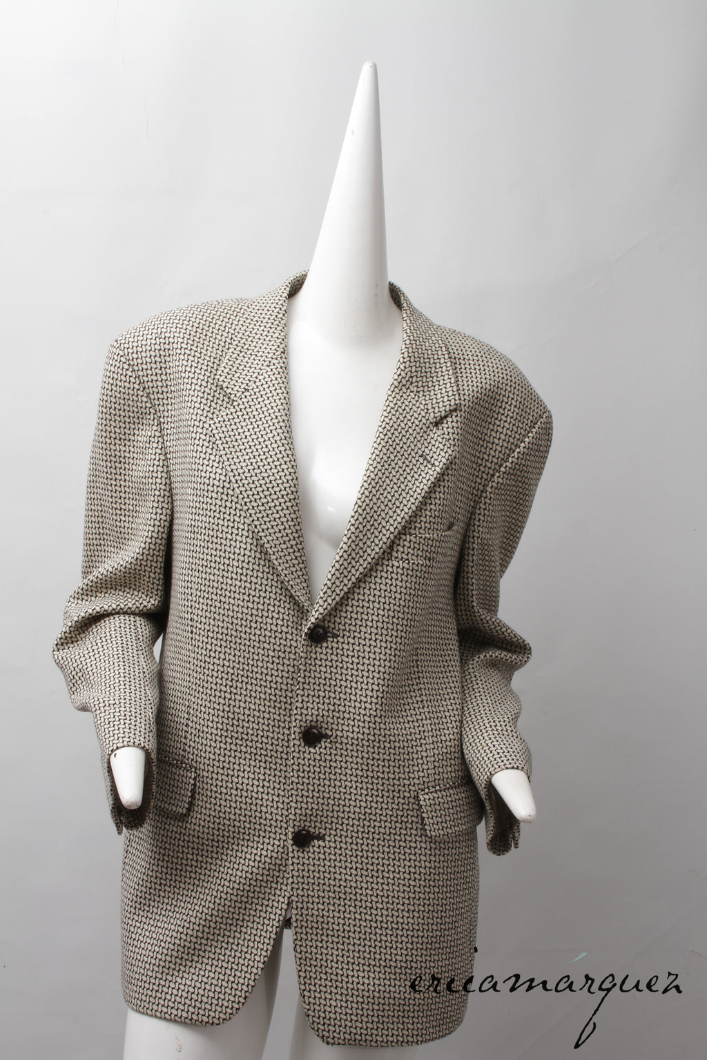 KENZO, Made In France, Black and White Cross-Weave Pattern, Three-Button, Wool Blazer