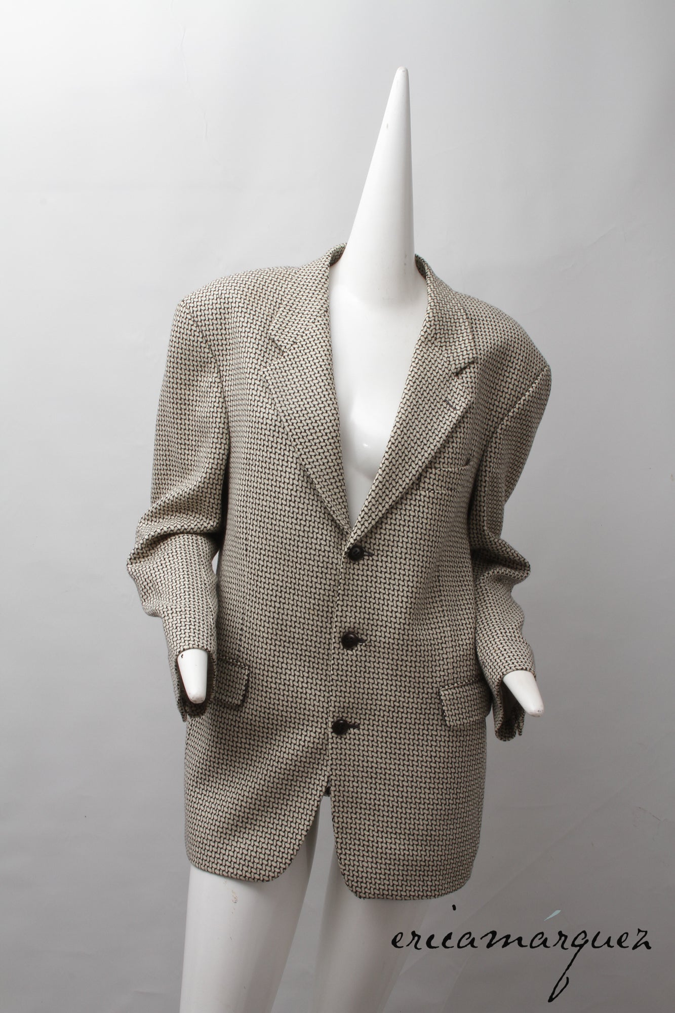 KENZO, Made In France, Black and White Cross-Weave Pattern, Three-Button, Wool Blazer