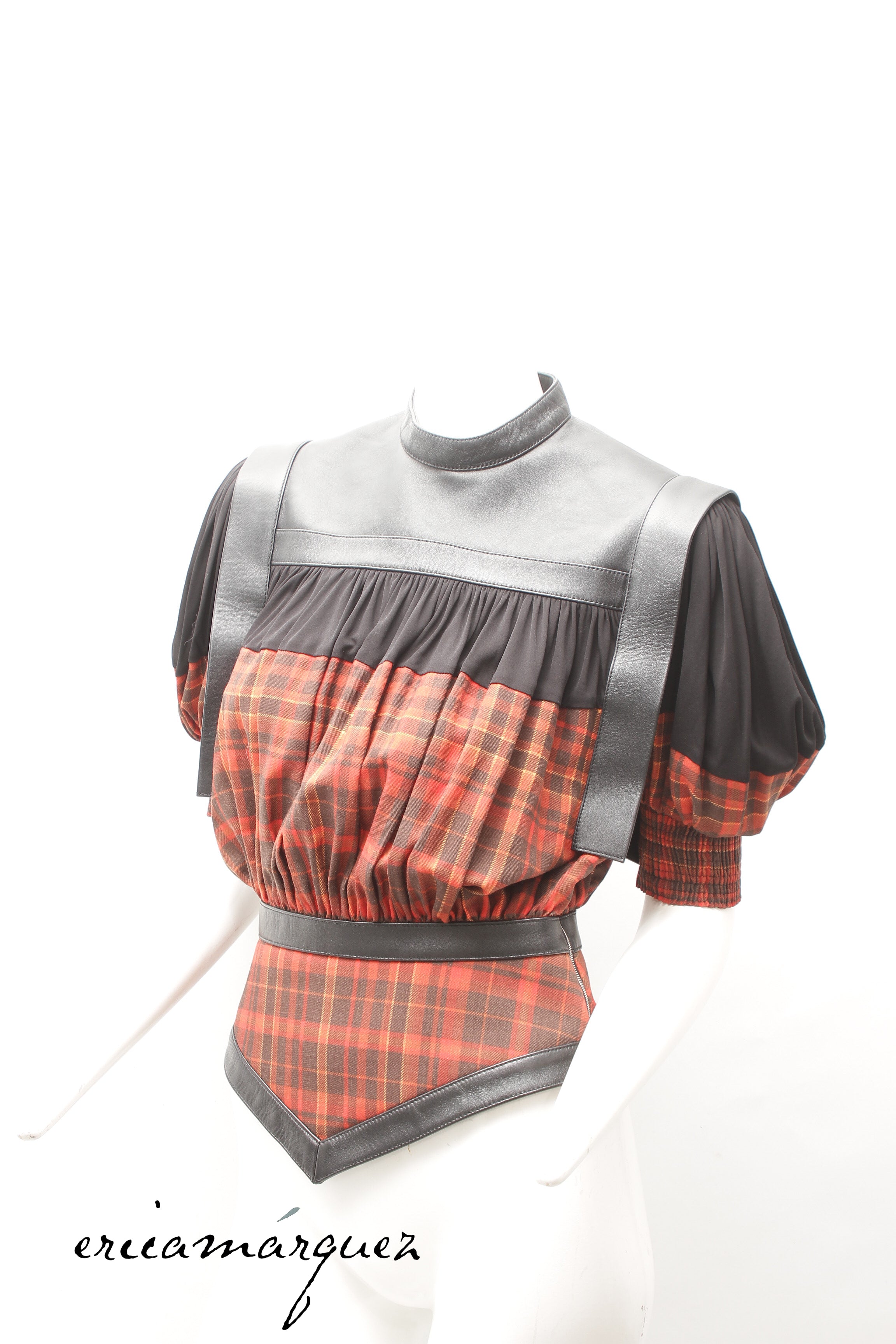 LOUIS VUITTON, blouse by Nicolas Ghesquière, Leather, Wool and Silk Plaid, F/W 2019