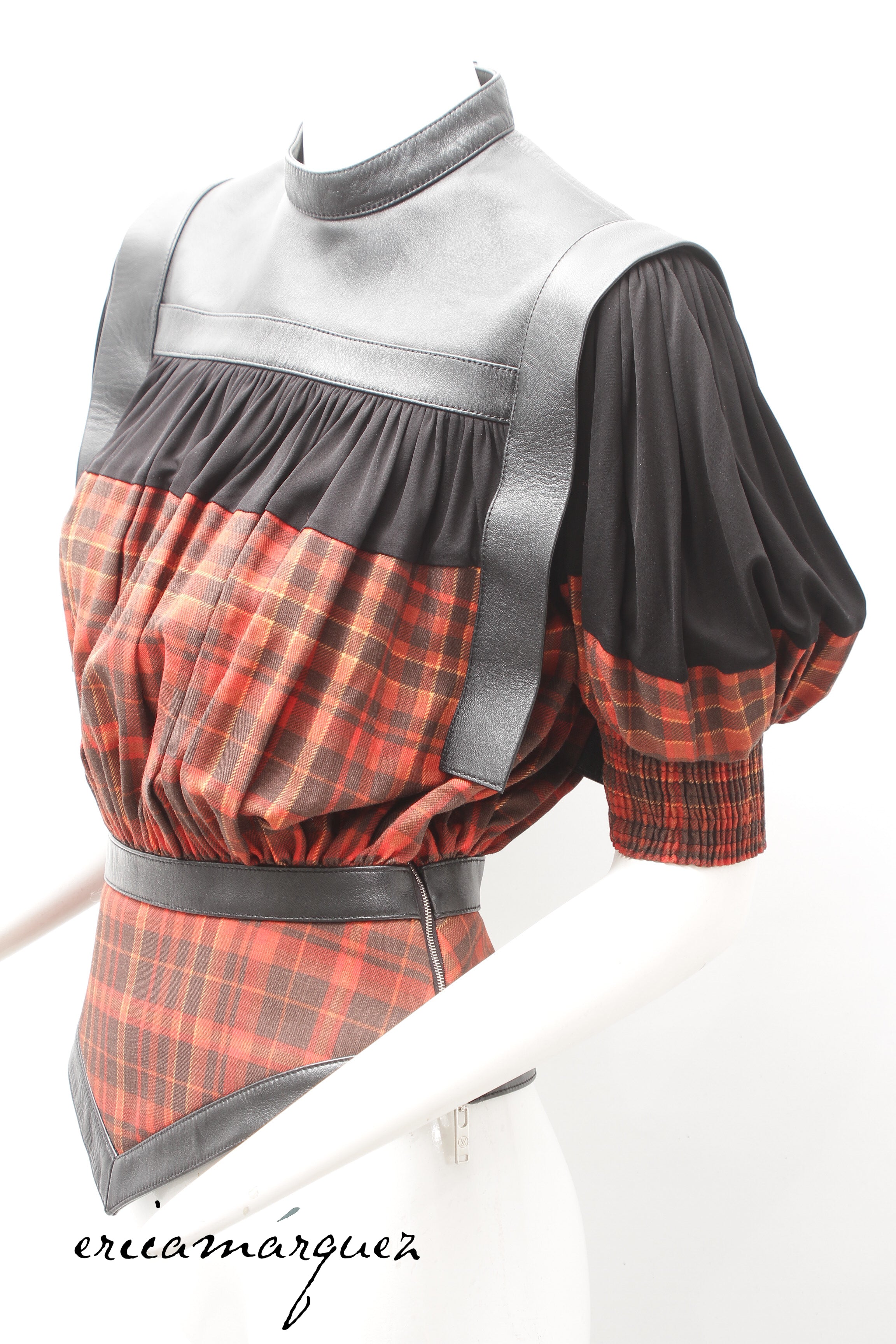 LOUIS VUITTON, blouse by Nicolas Ghesquière, Leather, Wool and Silk Plaid, F/W 2019
