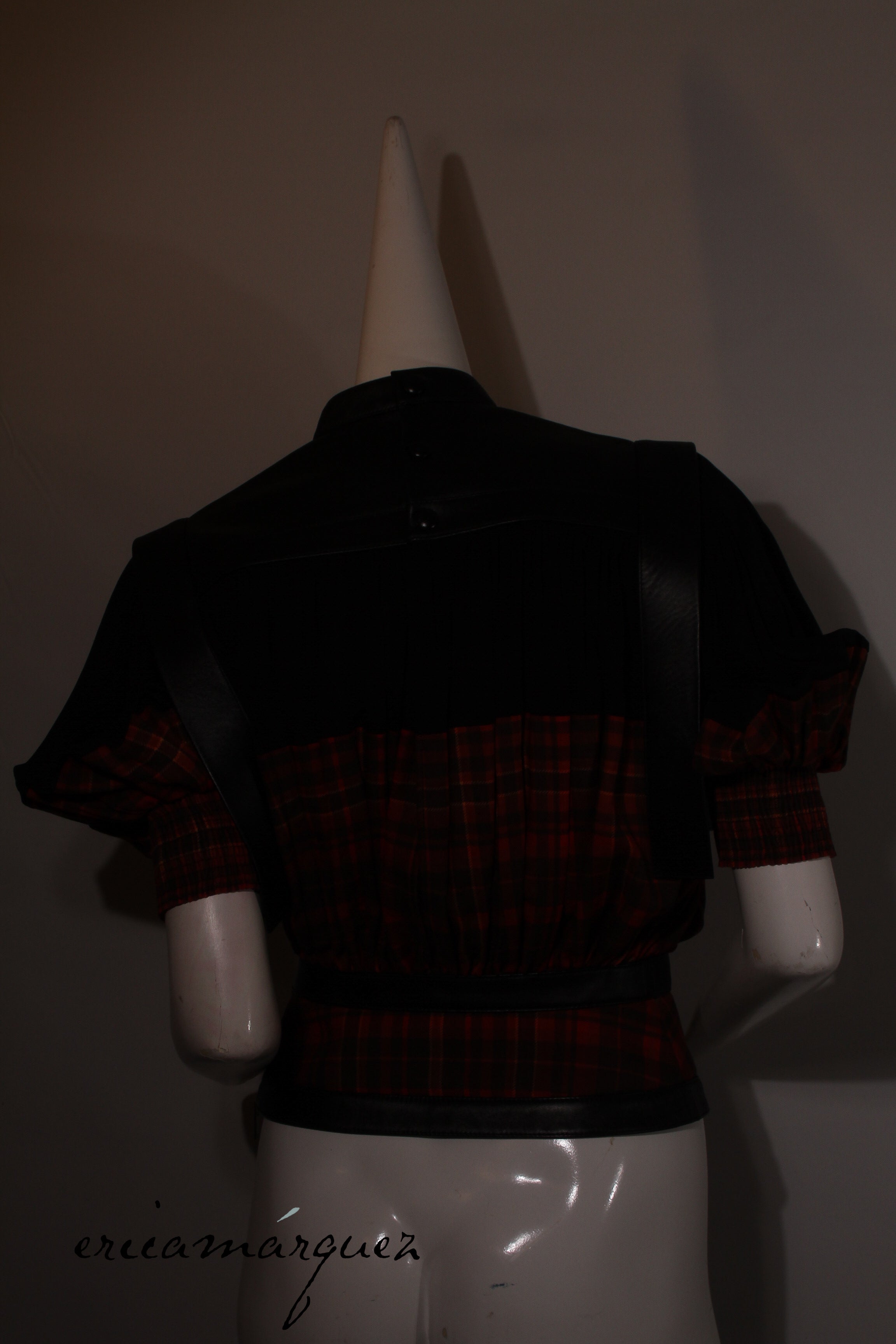 LOUIS VUITTON, blouse by Nicolas Ghesquière, Leather, Wool and Silk Plaid, F/W 2019