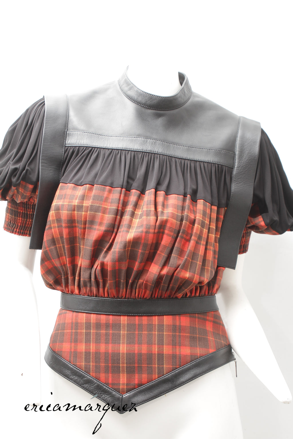LOUIS VUITTON, blouse by Nicolas Ghesquière, Leather, Wool and Silk Plaid, F/W 2019