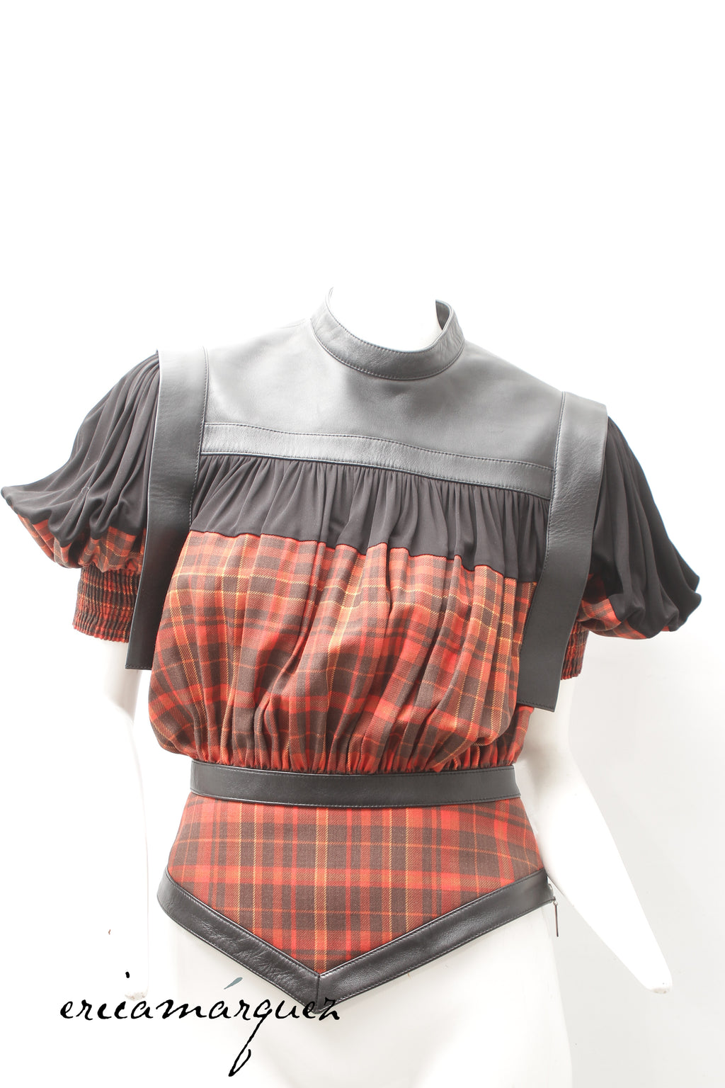 LOUIS VUITTON, blouse by Nicolas Ghesquière, Leather, Wool and Silk Plaid, F/W 2019