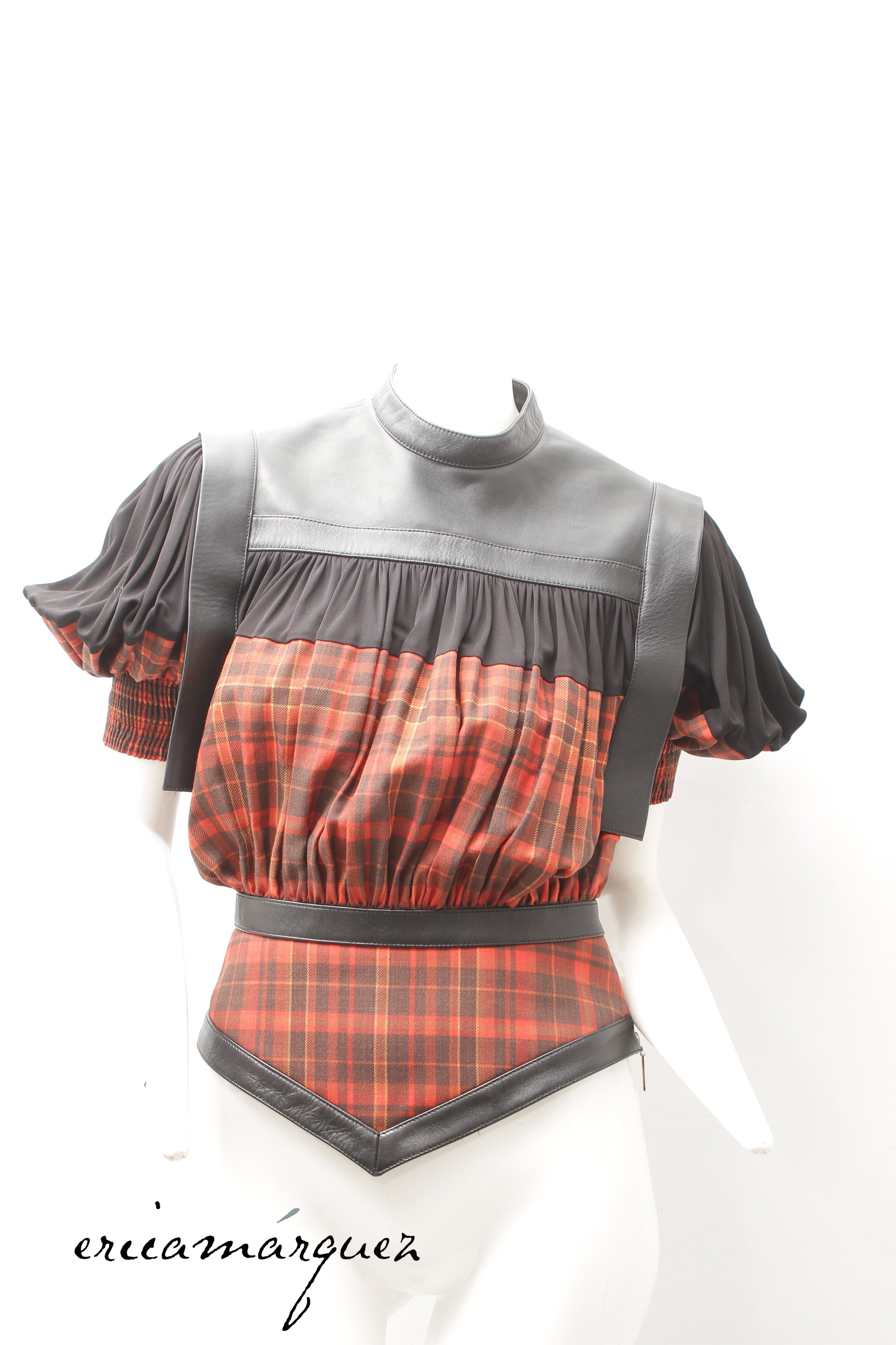 LOUIS VUITTON, blouse by Nicolas Ghesquière, Leather, Wool and Silk Plaid, F/W 2019