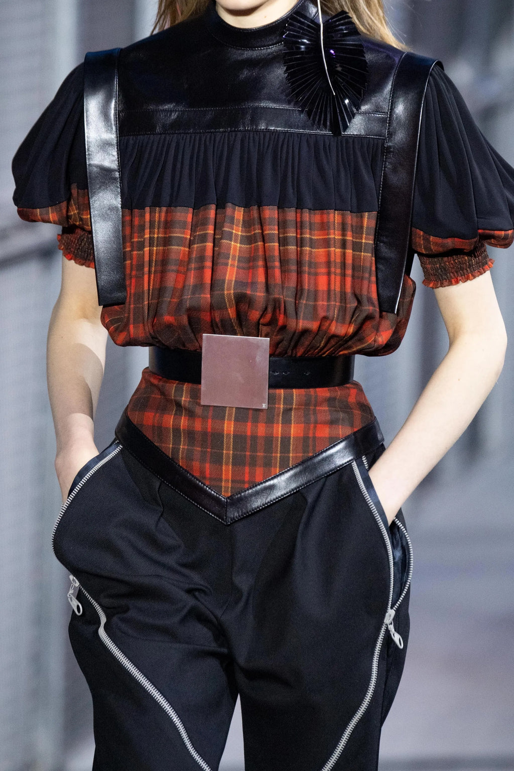 LOUIS VUITTON, blouse by Nicolas Ghesquière, Leather, Wool and Silk Plaid, F/W 2019