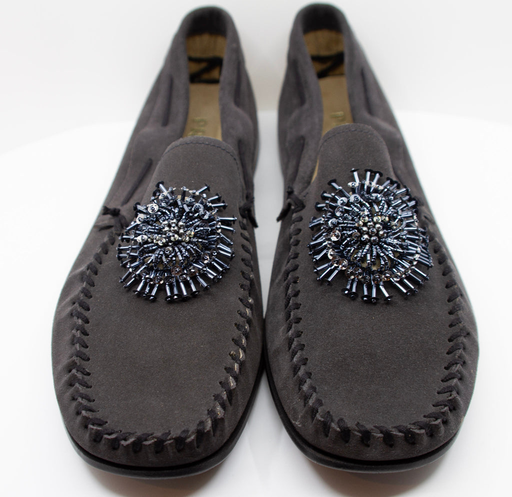PRADA, charcoal, suede, loafers with beaded embellishments and leather soles, Estate of André Leon Talley