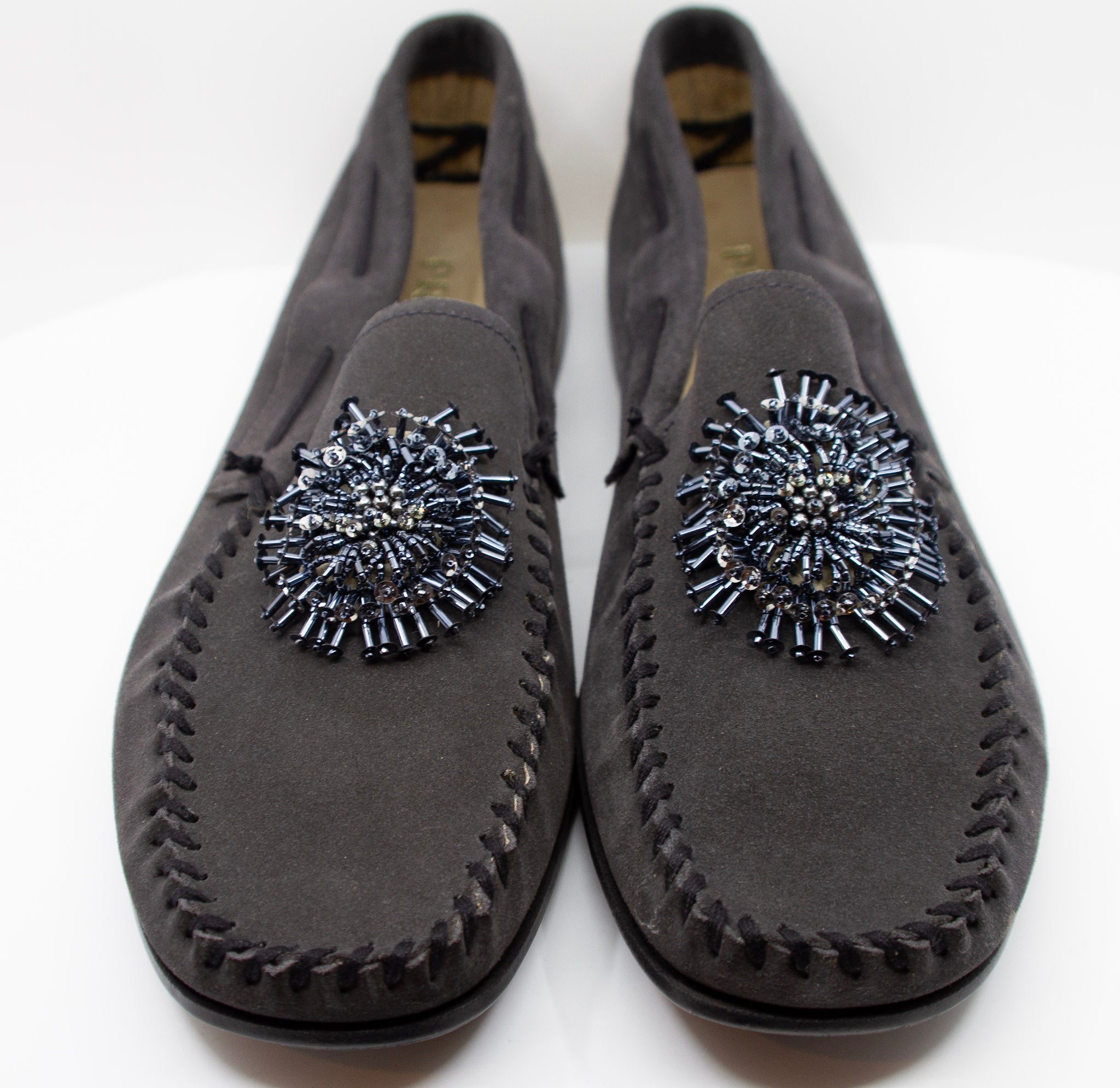 PRADA, charcoal, suede, loafers with beaded embellishments and leather soles, Estate of André Leon Talley