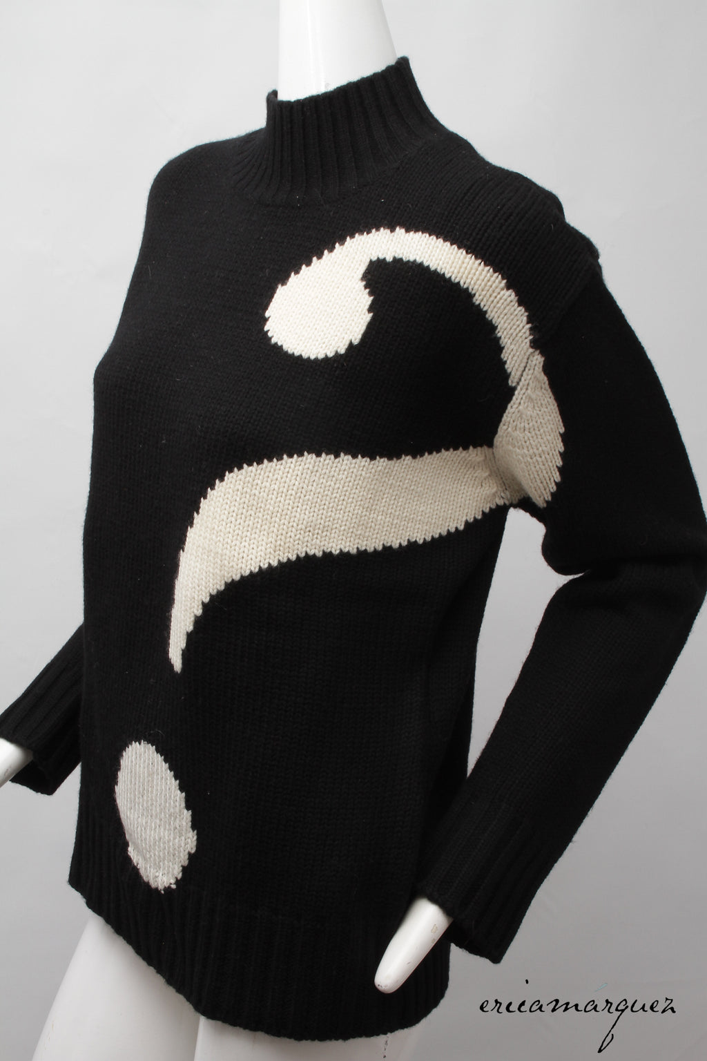 MOSCHINO, Cheap and Chic, Black, Wool, Mock Neck. Long Sleeve, Sweater with Oversize Ecru Question Mark