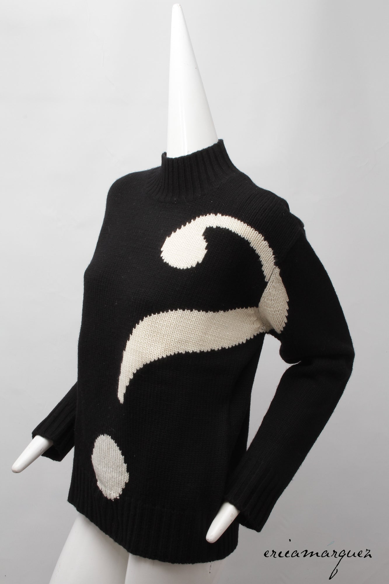 MOSCHINO, Cheap and Chic, Black, Wool, Mock Neck. Long Sleeve, Sweater with Oversize Ecru Question Mark