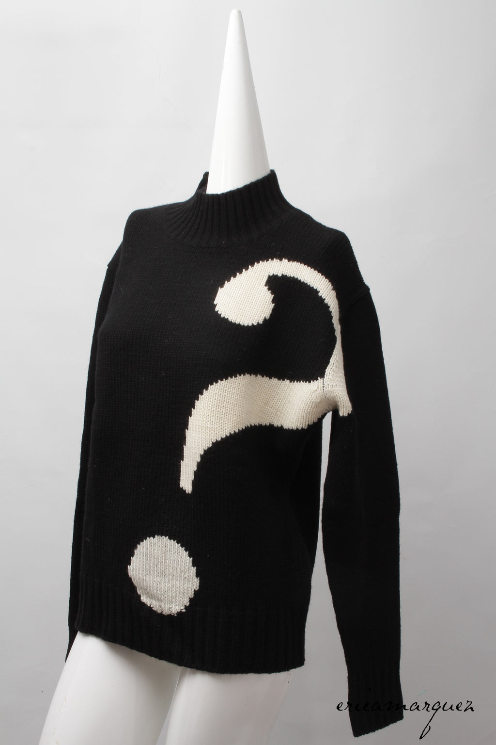 MOSCHINO, Cheap and Chic, Black, Wool, Mock Neck. Long Sleeve, Sweater with Oversize Ecru Question Mark