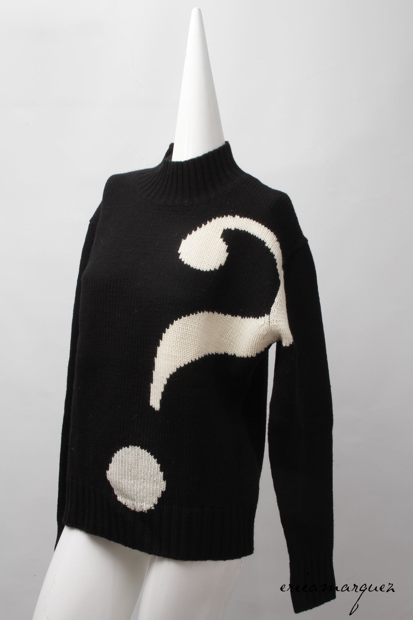 MOSCHINO, Cheap and Chic, Black, Wool, Mock Neck. Long Sleeve, Sweater with Oversize Ecru Question Mark