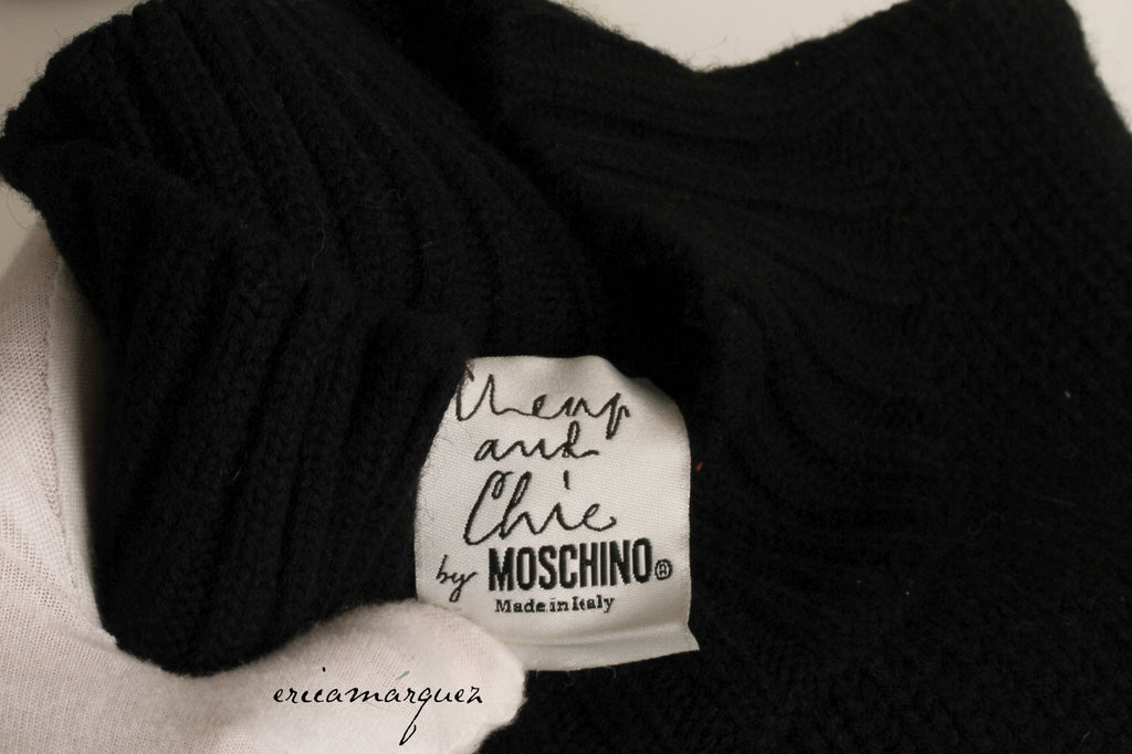 MOSCHINO, Cheap and Chic, Black, Wool, Mock Neck. Long Sleeve, Sweater with Oversize Ecru Question Mark