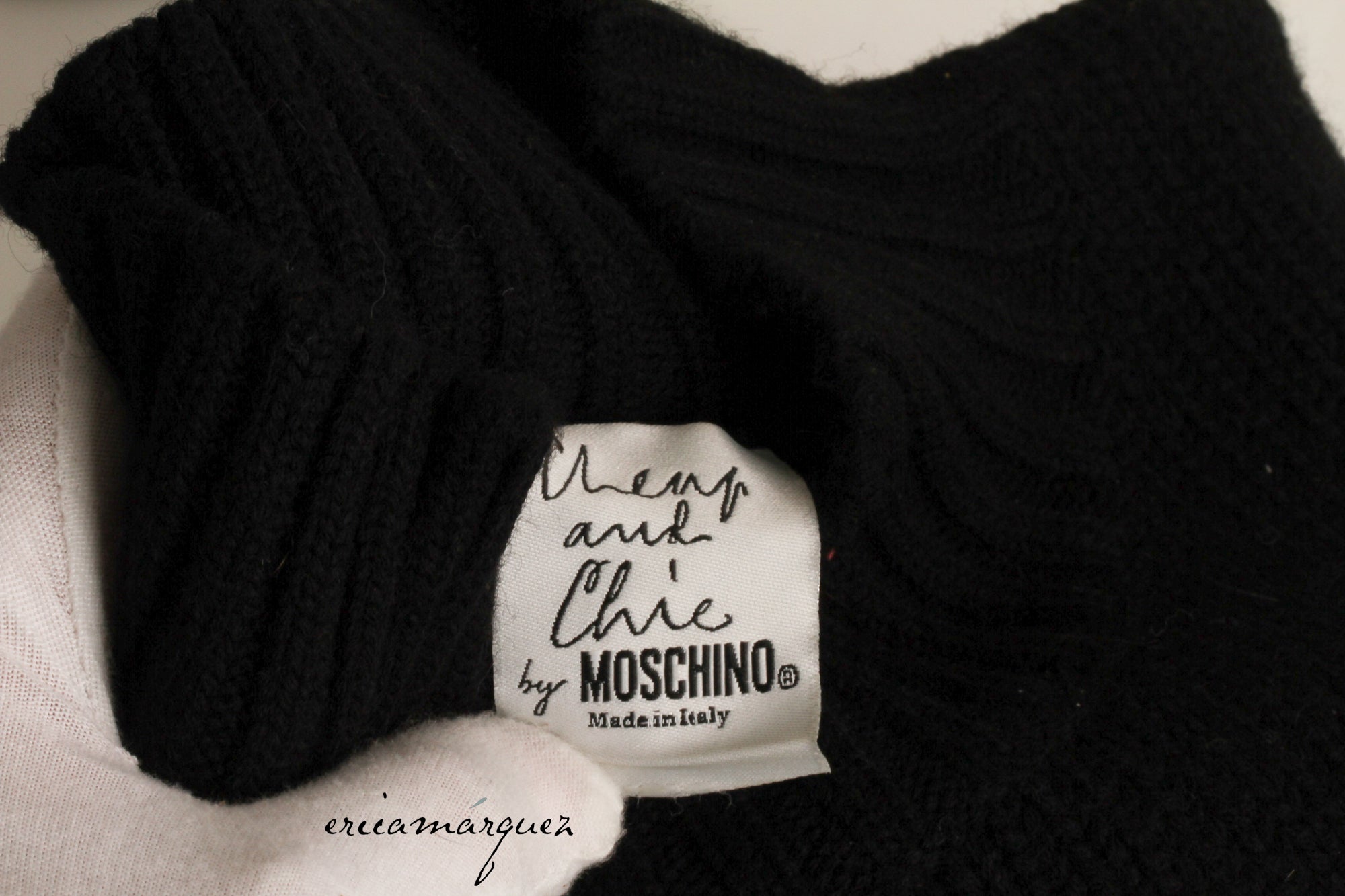 MOSCHINO, Cheap and Chic, Black, Wool, Mock Neck. Long Sleeve, Sweater with Oversize Ecru Question Mark