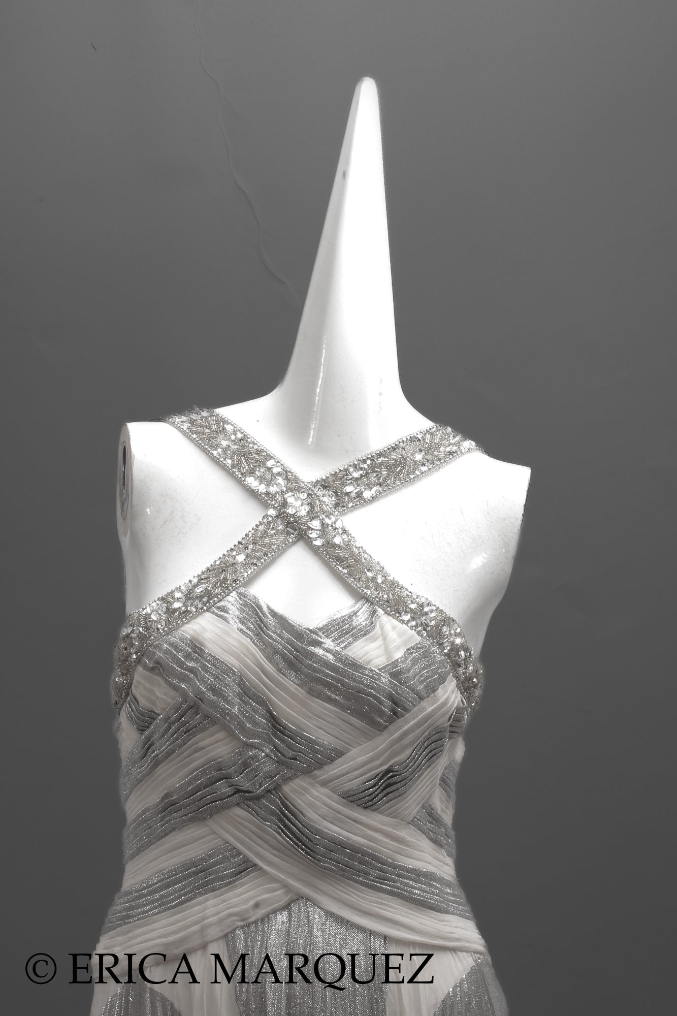 MURAD ZUHAIR, Silver and White Silk Floor Length Evening Gown with Braided Bodice and Neck Cross-Straps