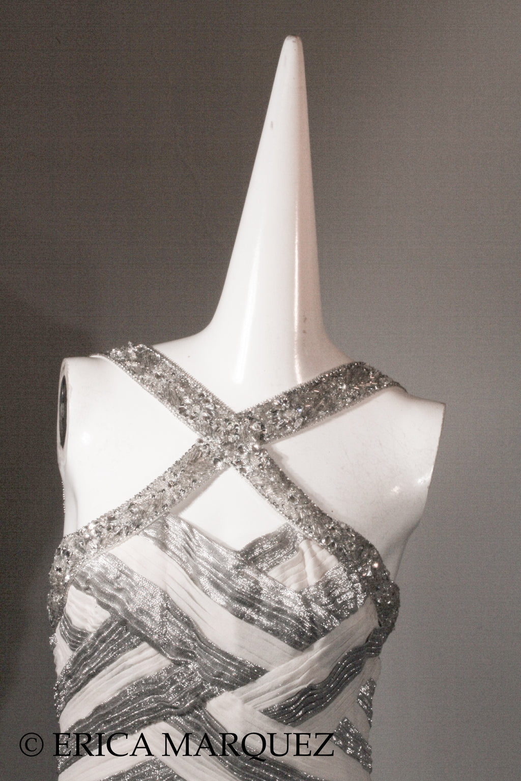 MURAD ZUHAIR, Silver and White Silk Floor Length Evening Gown with Braided Bodice and Neck Cross-Straps