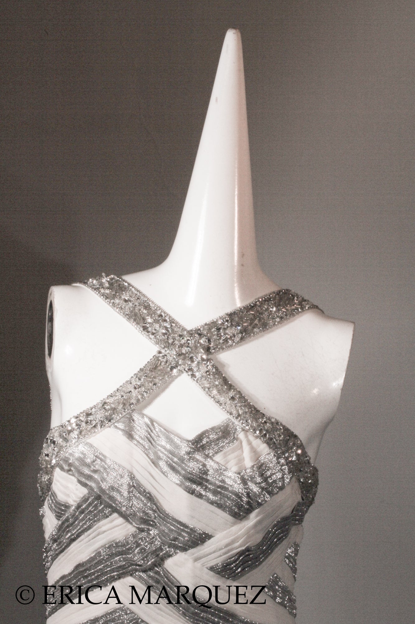 MURAD ZUHAIR, Silver and White Silk Floor Length Evening Gown with Braided Bodice and Neck Cross-Straps