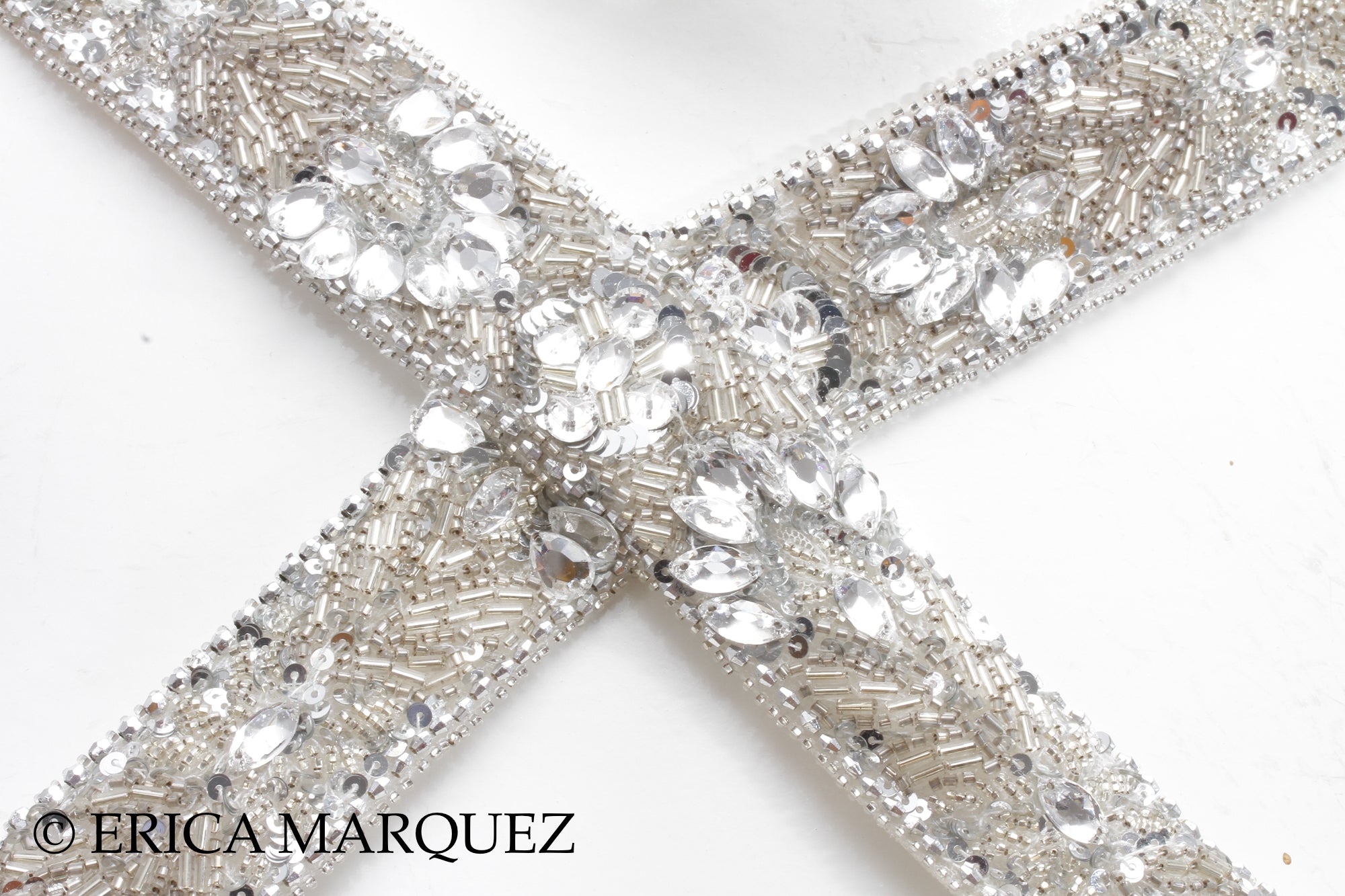 MURAD ZUHAIR, Silver and White Silk Floor Length Evening Gown with Braided Bodice and Neck Cross-Straps