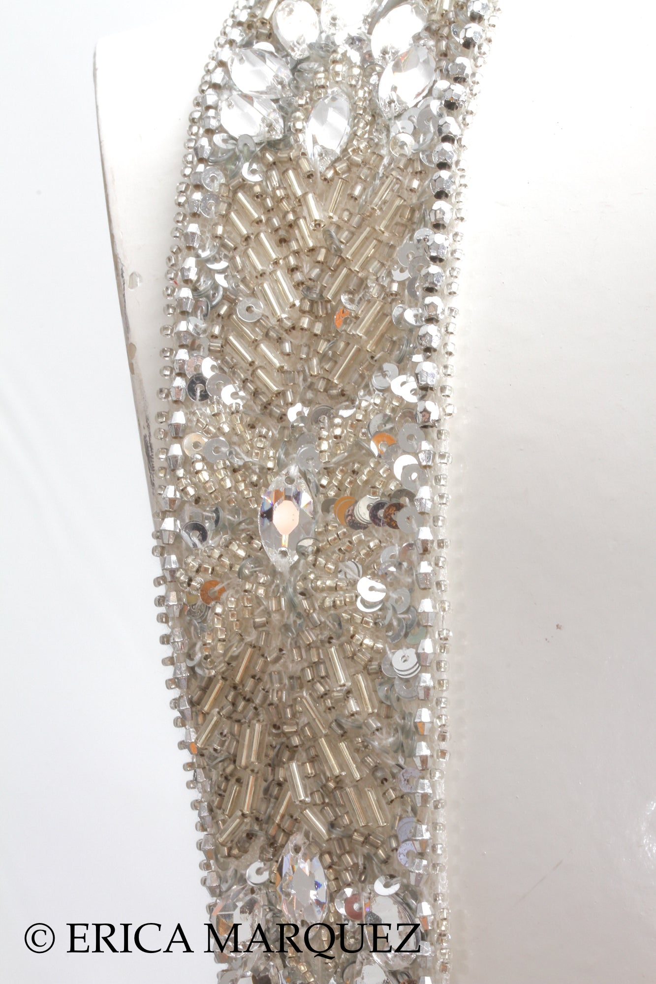 MURAD ZUHAIR, Silver and White Silk Floor Length Evening Gown with Braided Bodice and Neck Cross-Straps