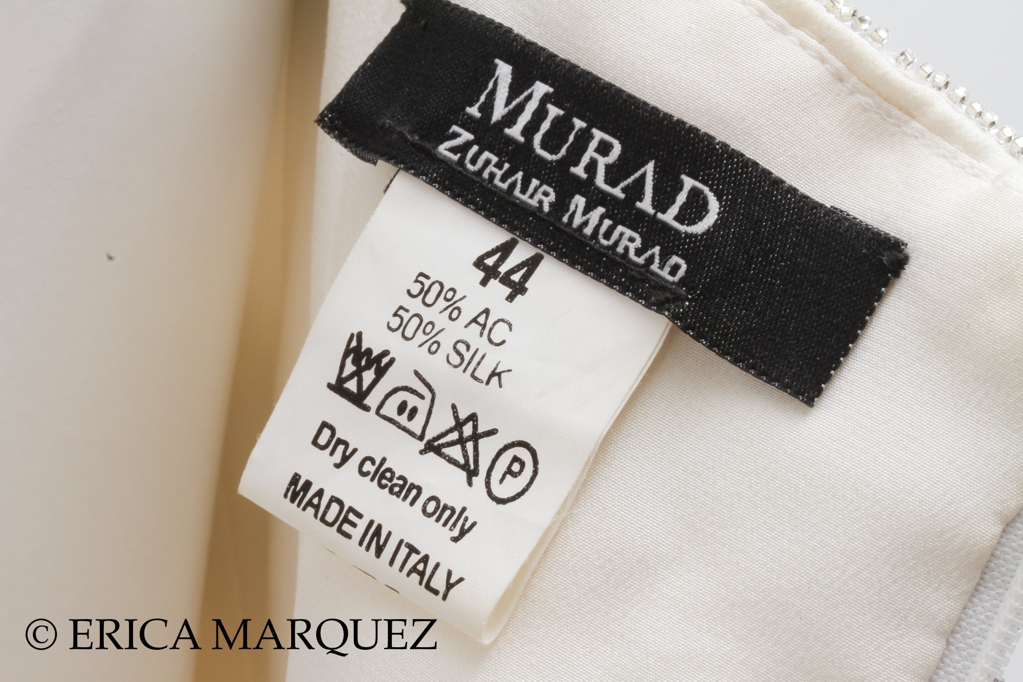 MURAD ZUHAIR, Silver and White Silk Floor Length Evening Gown with Braided Bodice and Neck Cross-Straps