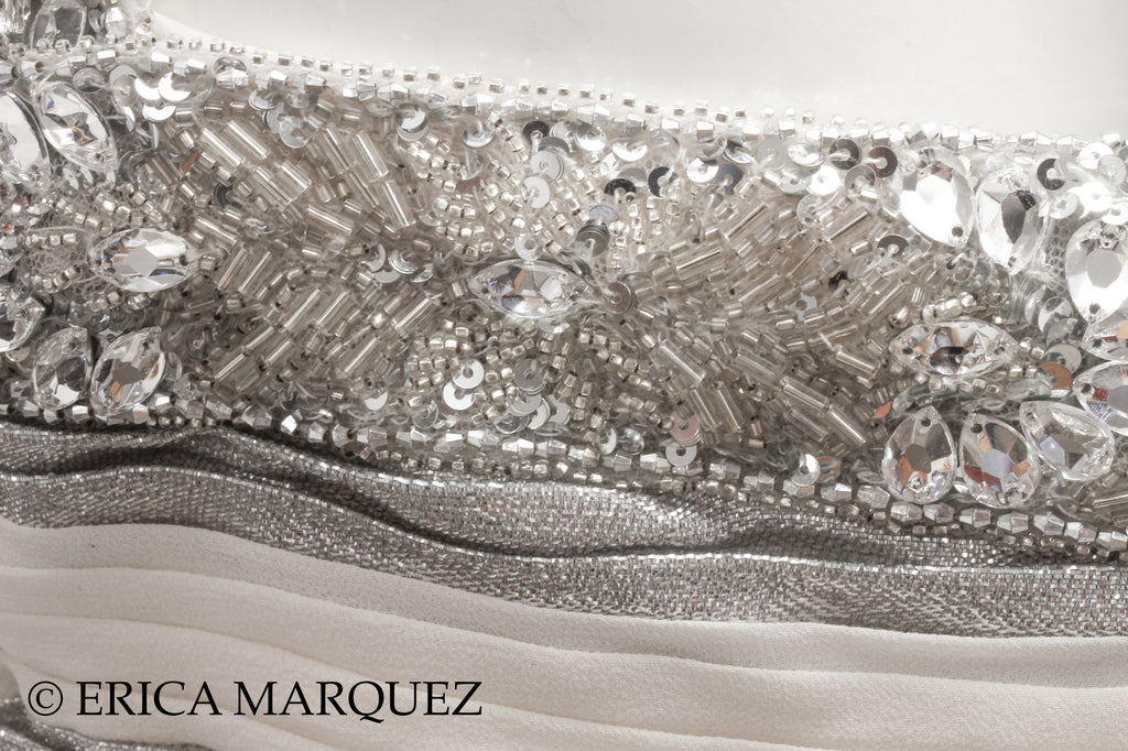 MURAD ZUHAIR, Silver and White Silk Floor Length Evening Gown with Braided Bodice and Neck Cross-Straps