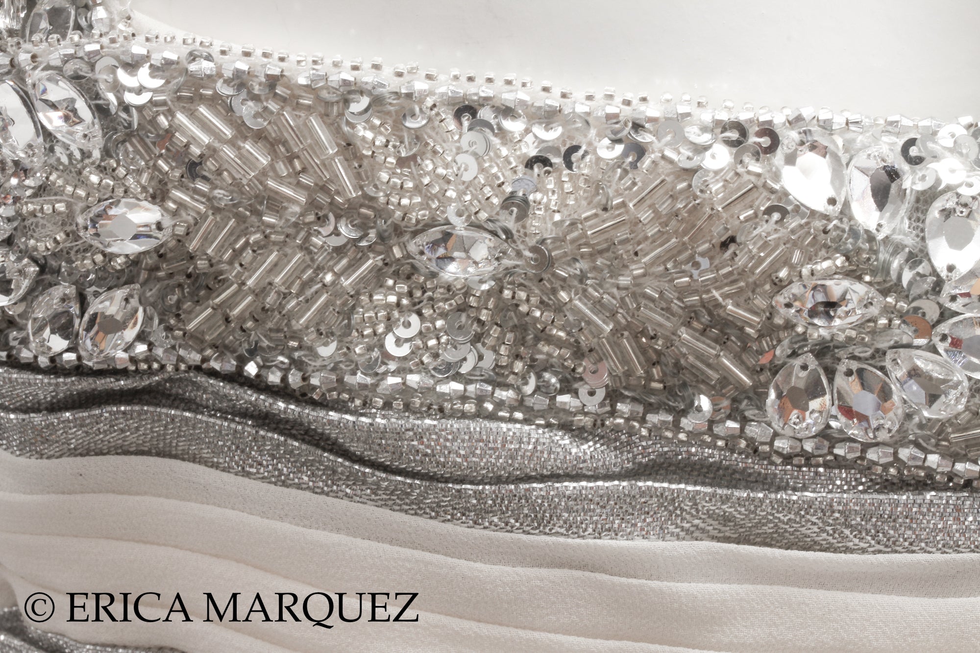 MURAD ZUHAIR, Silver and White Silk Floor Length Evening Gown with Braided Bodice and Neck Cross-Straps