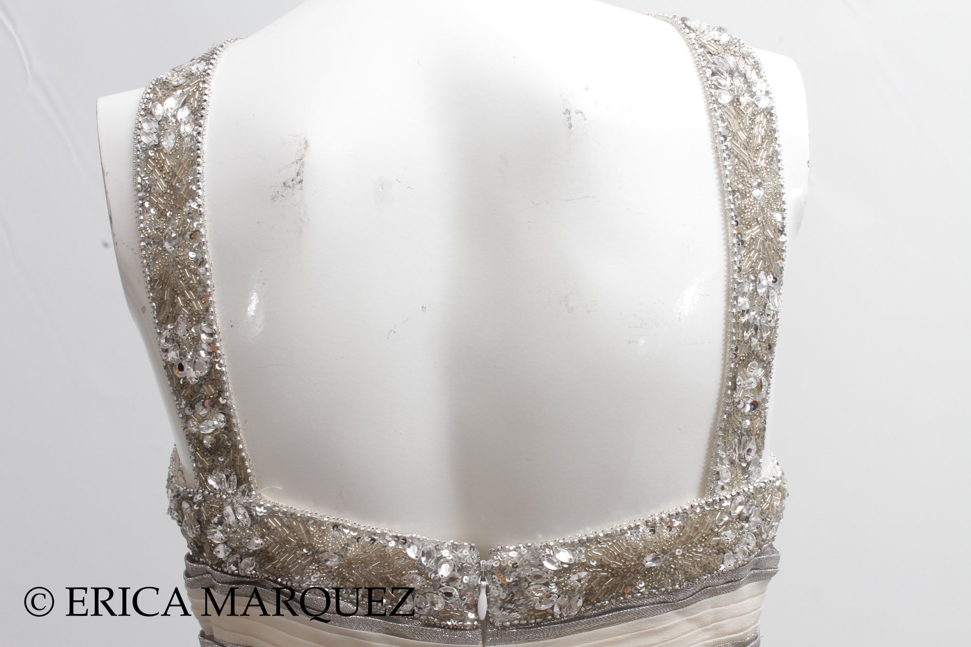 MURAD ZUHAIR, Silver and White Silk Floor Length Evening Gown with Braided Bodice and Neck Cross-Straps