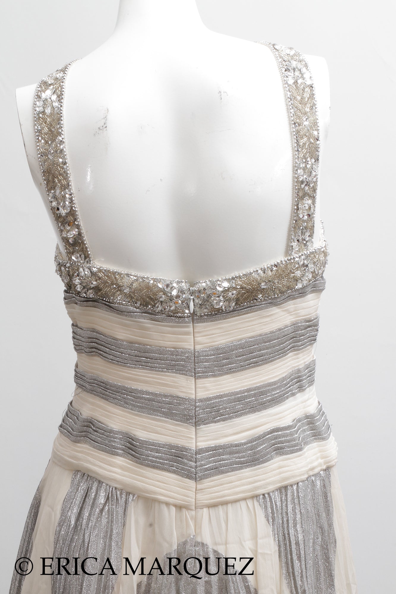 MURAD ZUHAIR, Silver and White Silk Floor Length Evening Gown with Braided Bodice and Neck Cross-Straps