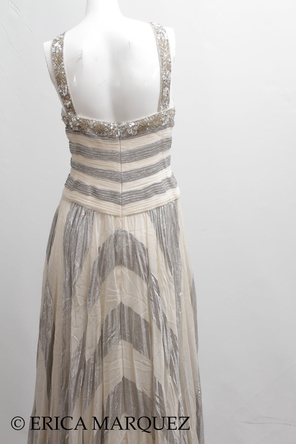 MURAD ZUHAIR, Silver and White Silk Floor Length Evening Gown with Braided Bodice and Neck Cross-Straps