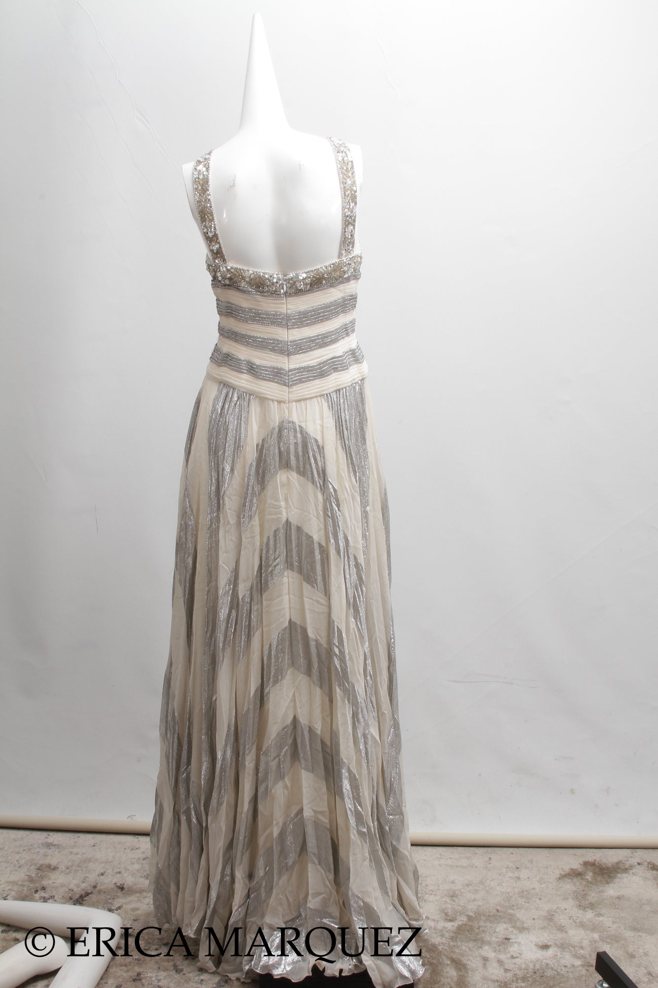 MURAD ZUHAIR, Silver and White Silk Floor Length Evening Gown with Braided Bodice and Neck Cross-Straps