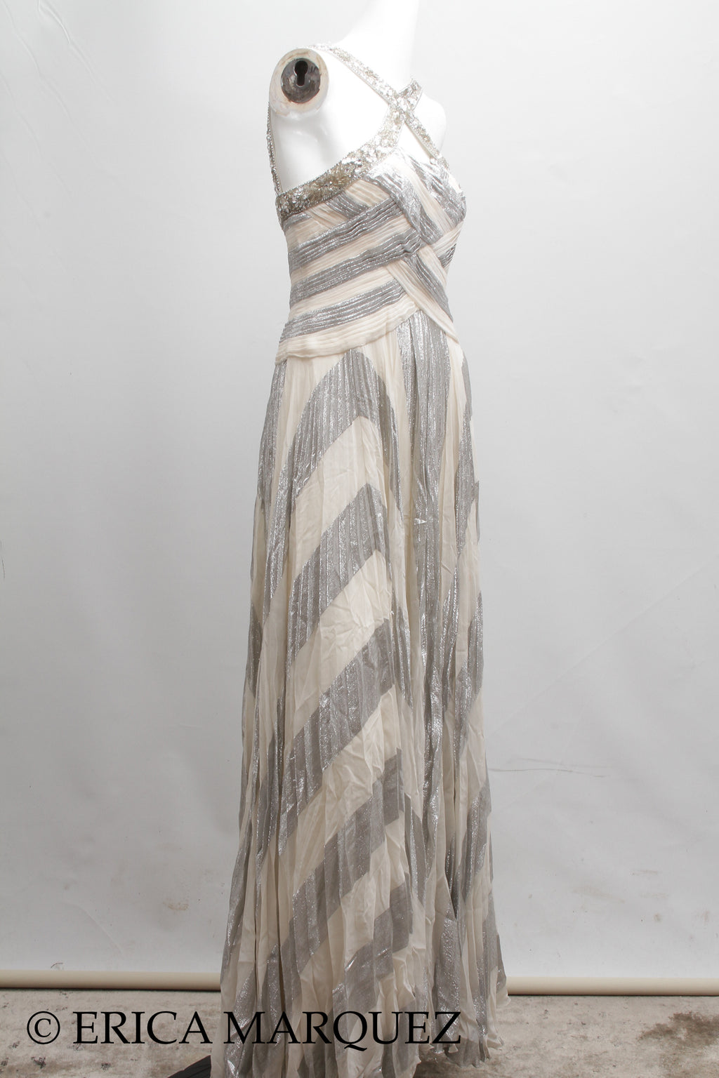 MURAD ZUHAIR, Silver and White Silk Floor Length Evening Gown with Braided Bodice and Neck Cross-Straps