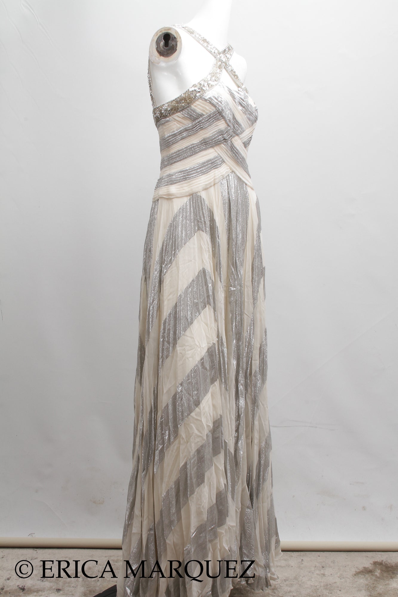 MURAD ZUHAIR, Silver and White Silk Floor Length Evening Gown with Braided Bodice and Neck Cross-Straps