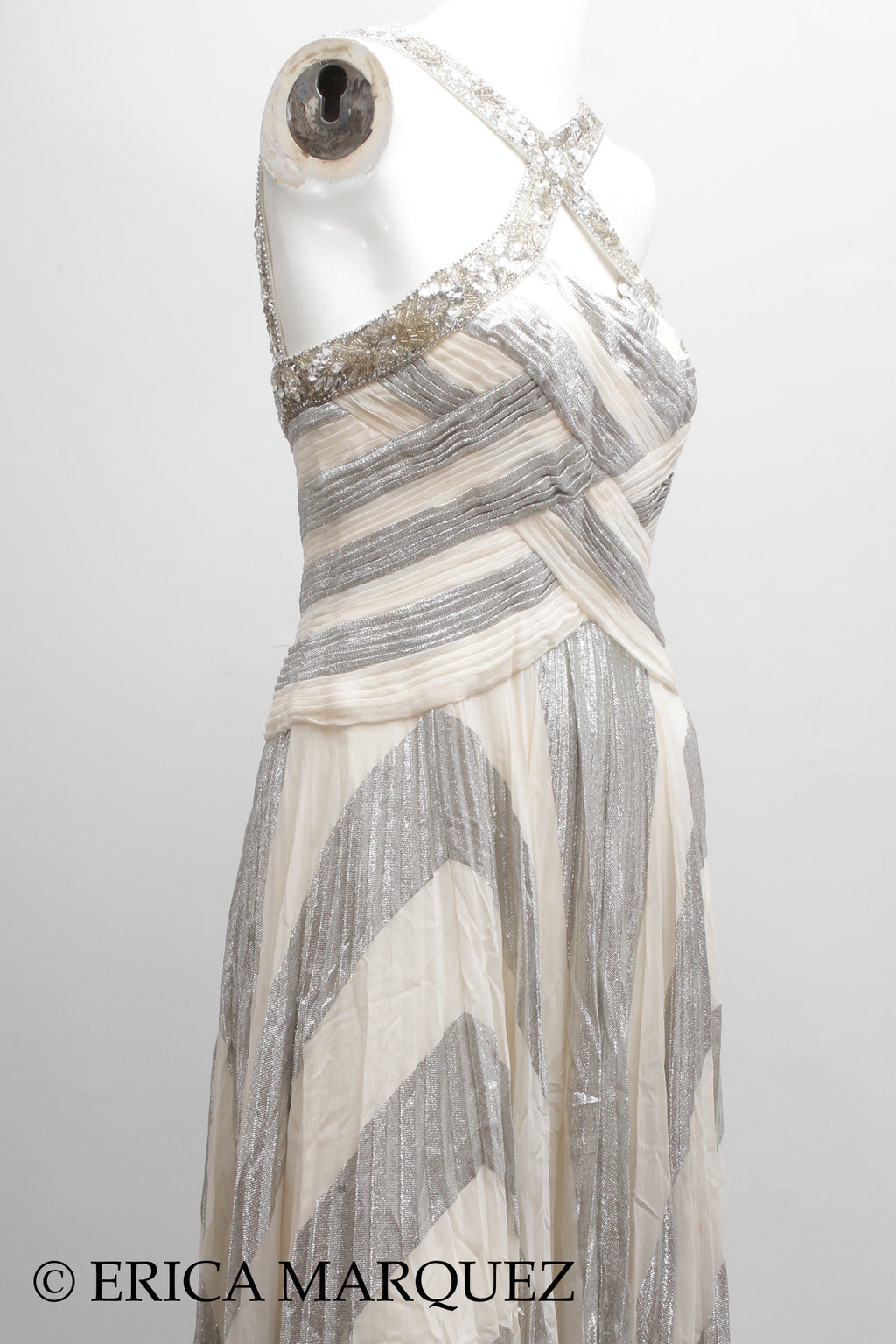 MURAD ZUHAIR, Silver and White Silk Floor Length Evening Gown with Braided Bodice and Neck Cross-Straps