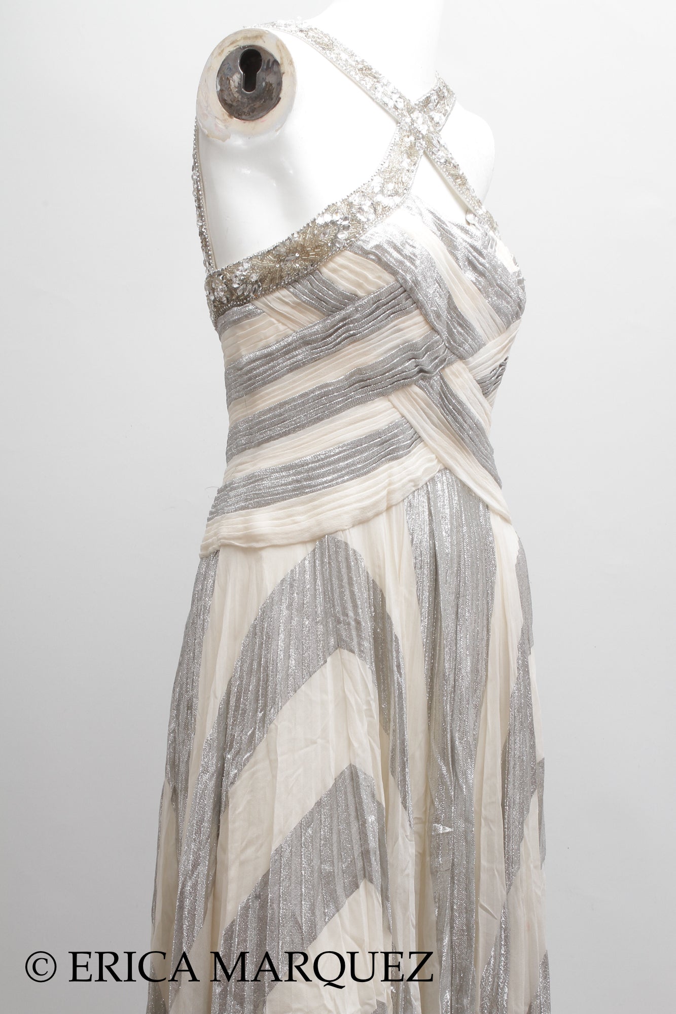 MURAD ZUHAIR, Silver and White Silk Floor Length Evening Gown with Braided Bodice and Neck Cross-Straps